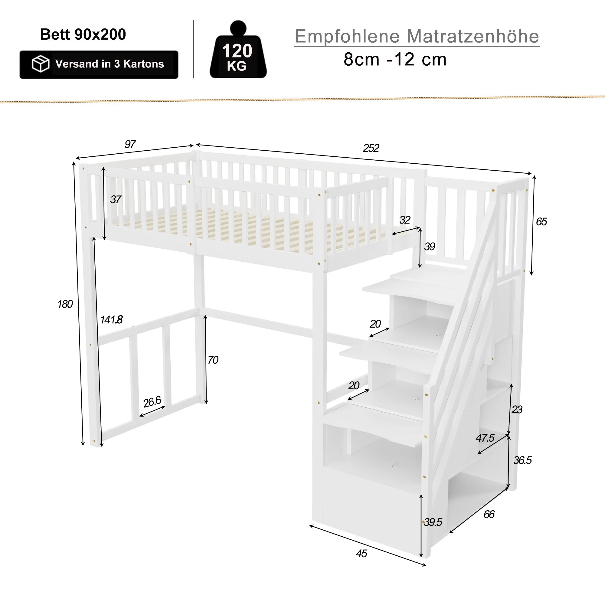 Loft Bed 90x200 Safety Storage Ladder Solid Pine Wood, White - Image 7