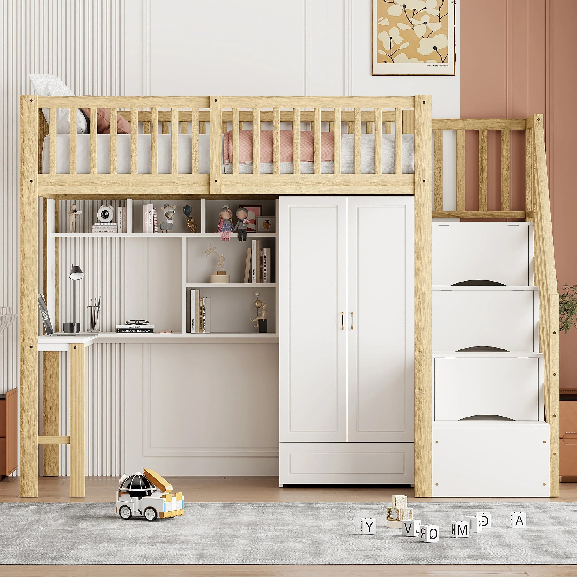Loft Bed, 90x200 Wardrobe, Shelf, Table, Storage Stairs, Wooden - Image 2