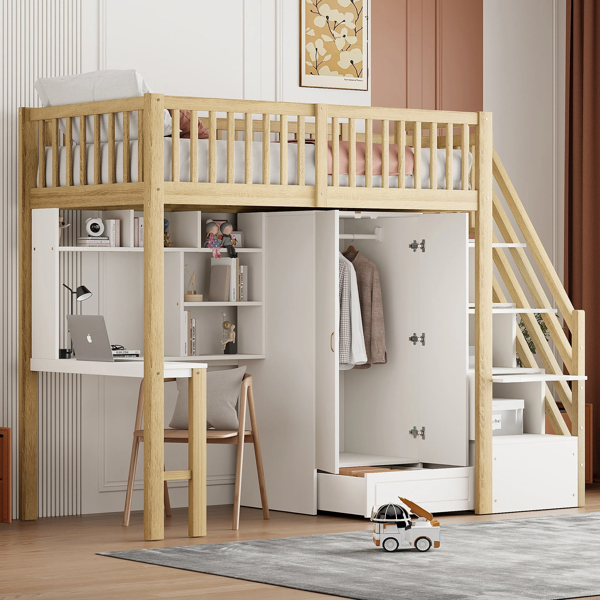 Loft Bed, 90x200 Wardrobe, Shelf, Table, Storage Stairs, Wooden - Image 3