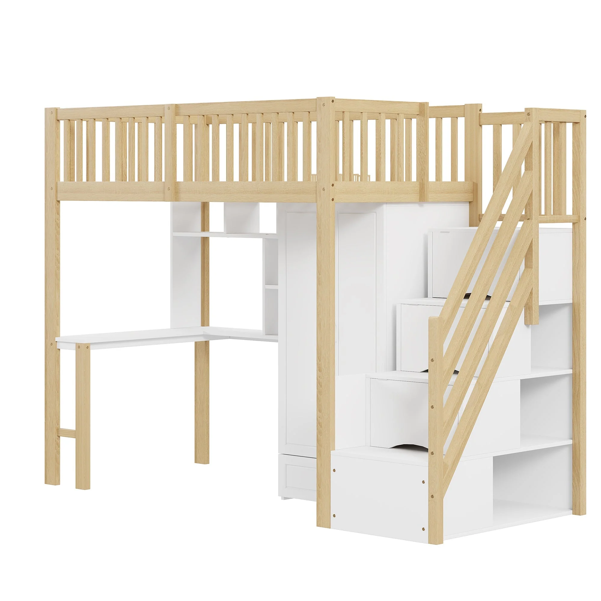 Loft Bed, 90x200 Wardrobe, Shelf, Table, Storage Stairs, Wooden - Image 7