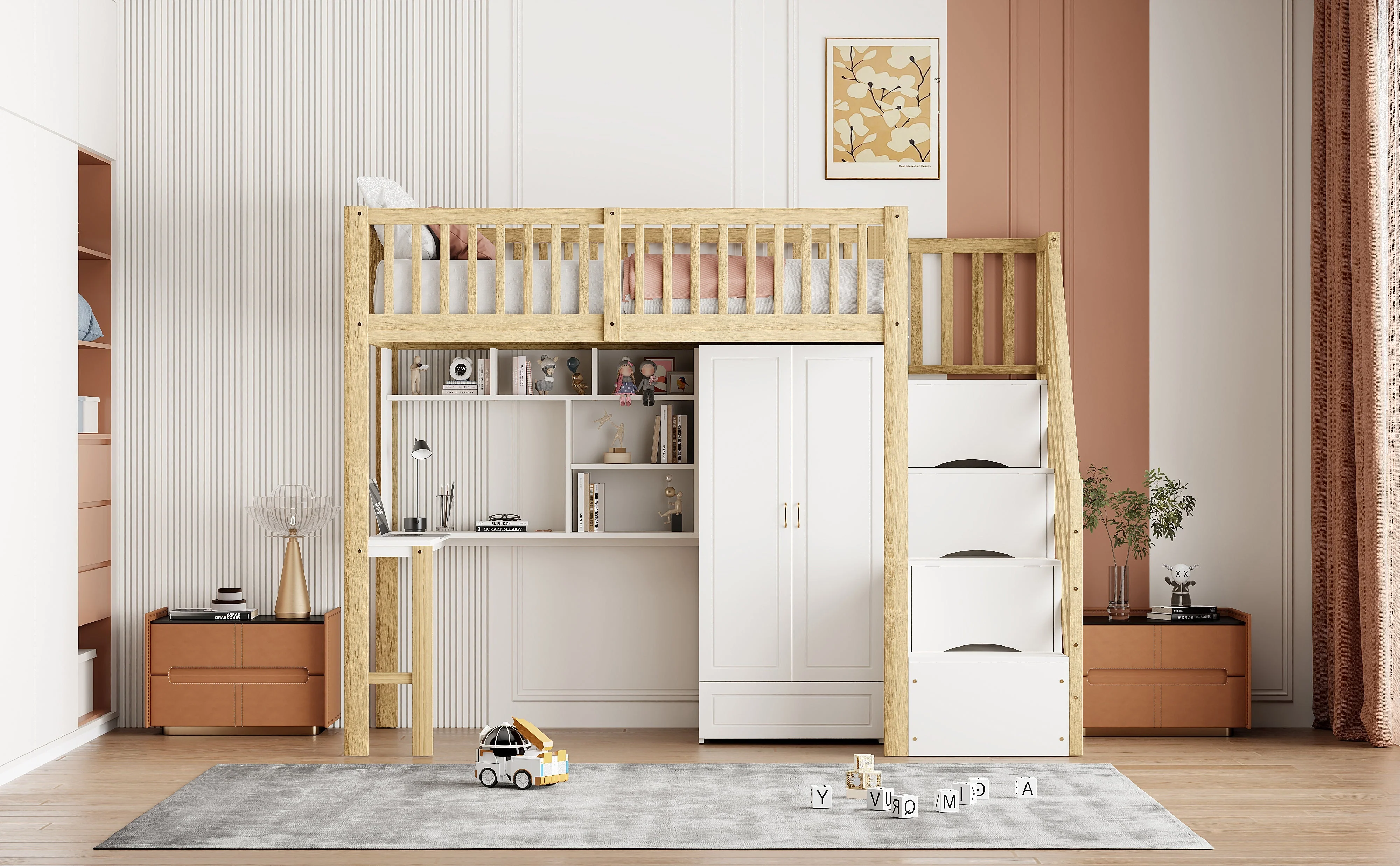 Loft Bed, 90x200 Wardrobe, Shelf, Table, Storage Stairs, Wooden - Image 9