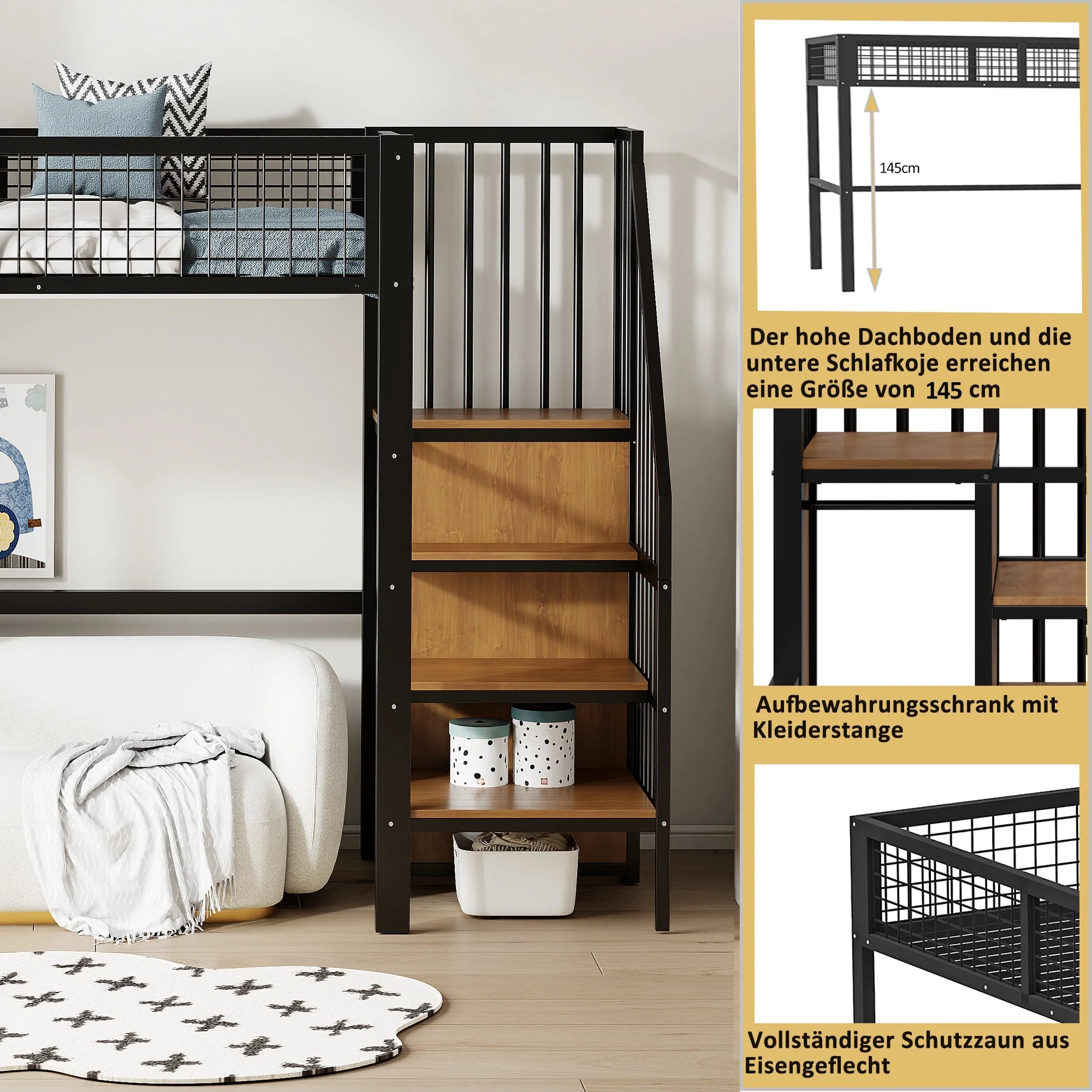 Loft Bed, 90x200 with Ladder & Storage, Iron Frame, Black - Image 3
