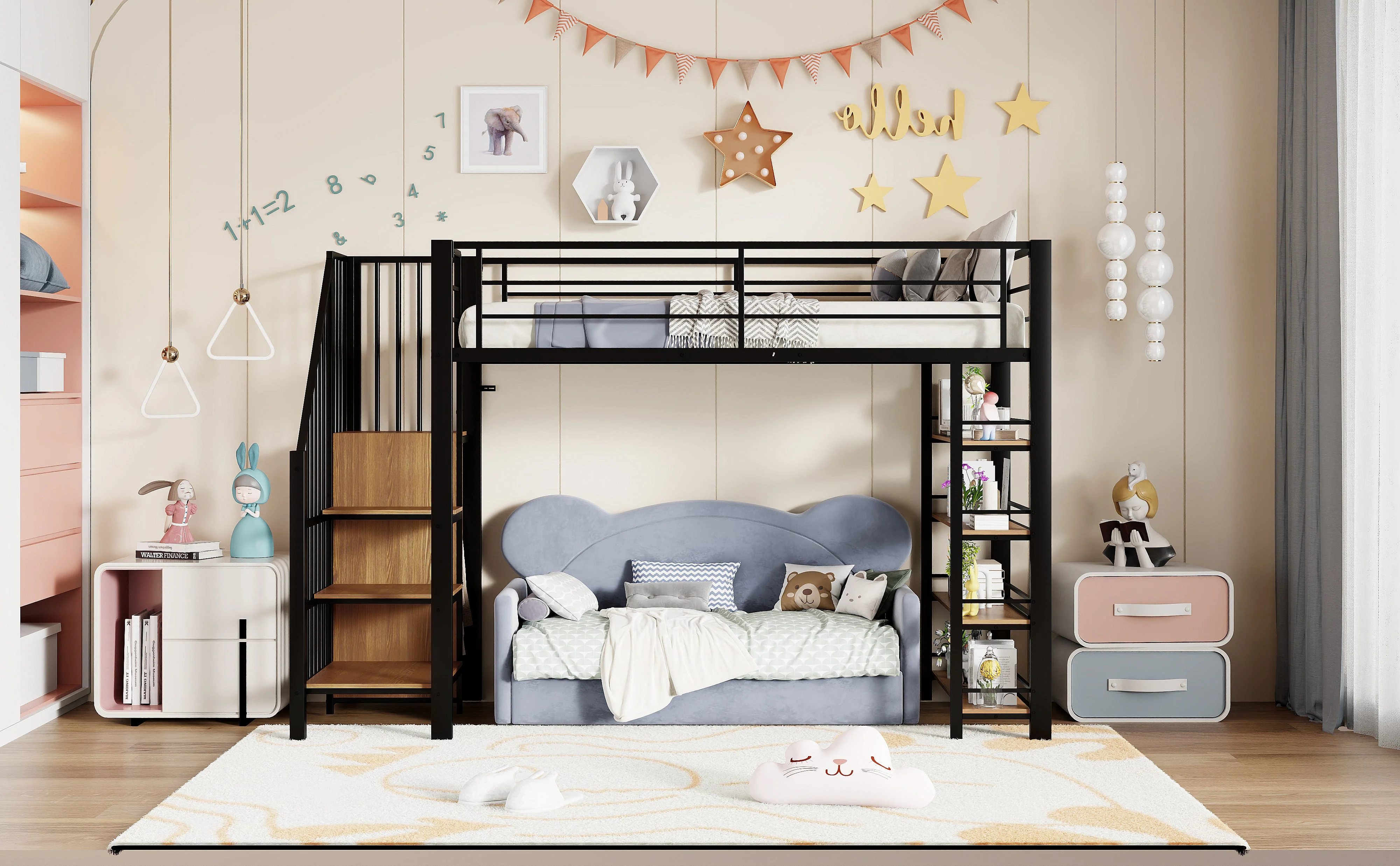 Loft Bed, 90x200 with Safety Stairs & Storage Wardrobe, Black - Image 10