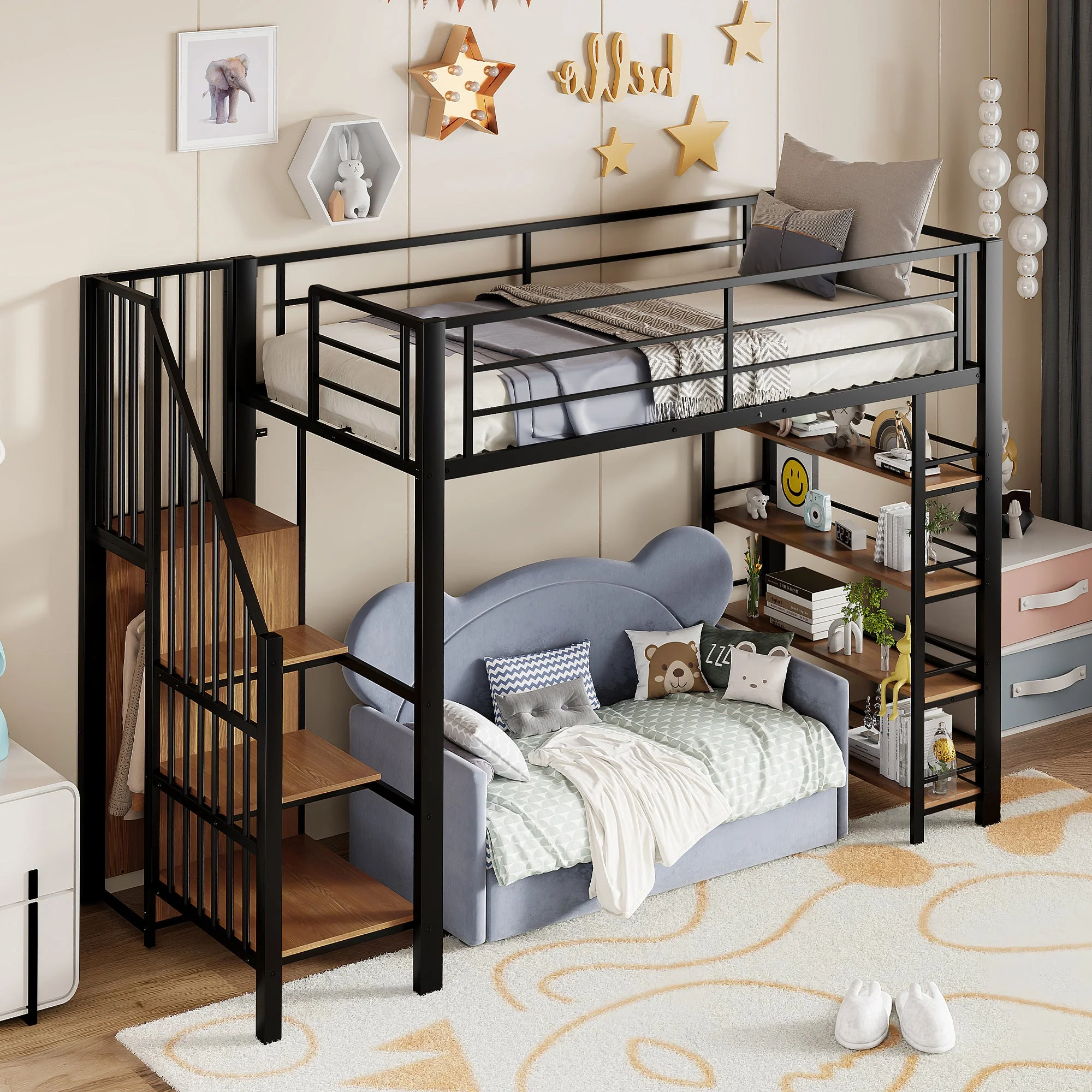 Loft Bed, 90x200 with Safety Stairs & Storage Wardrobe, Black - Image 2