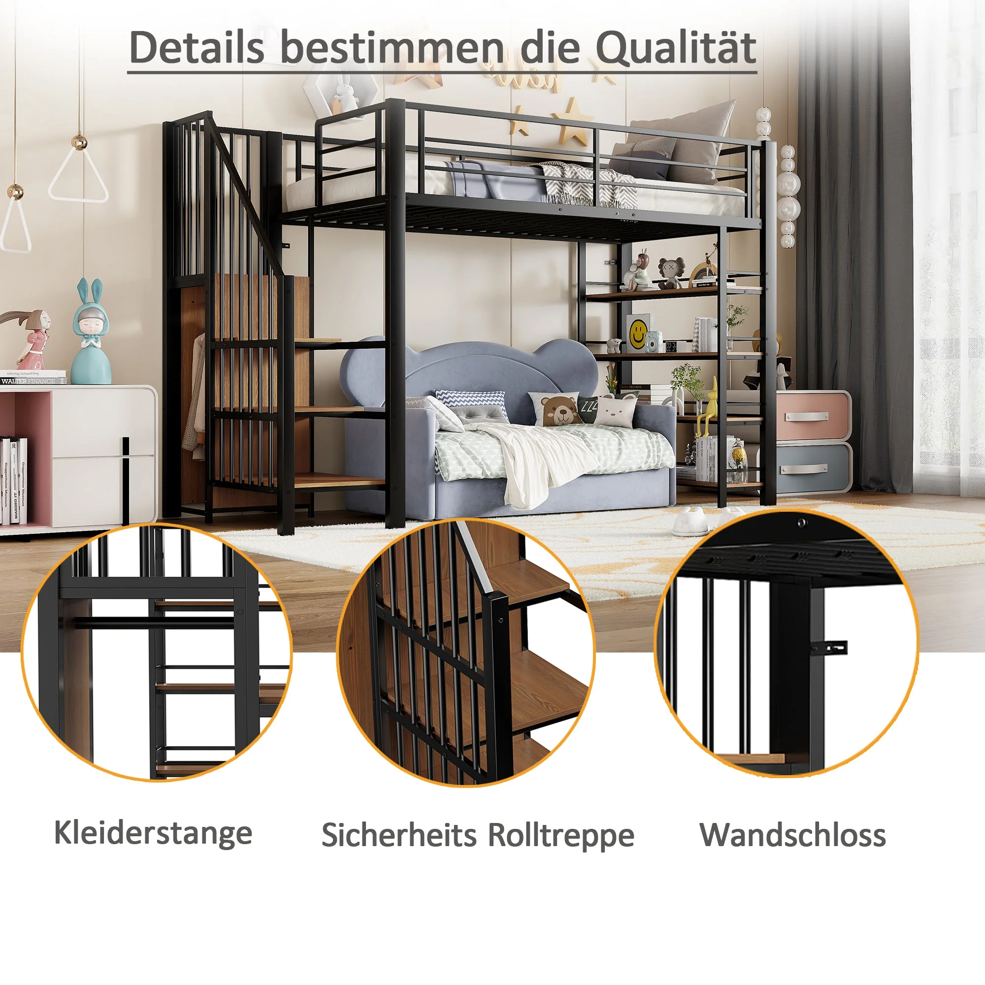 Loft Bed, 90x200 with Safety Stairs & Storage Wardrobe, Black - Image 4