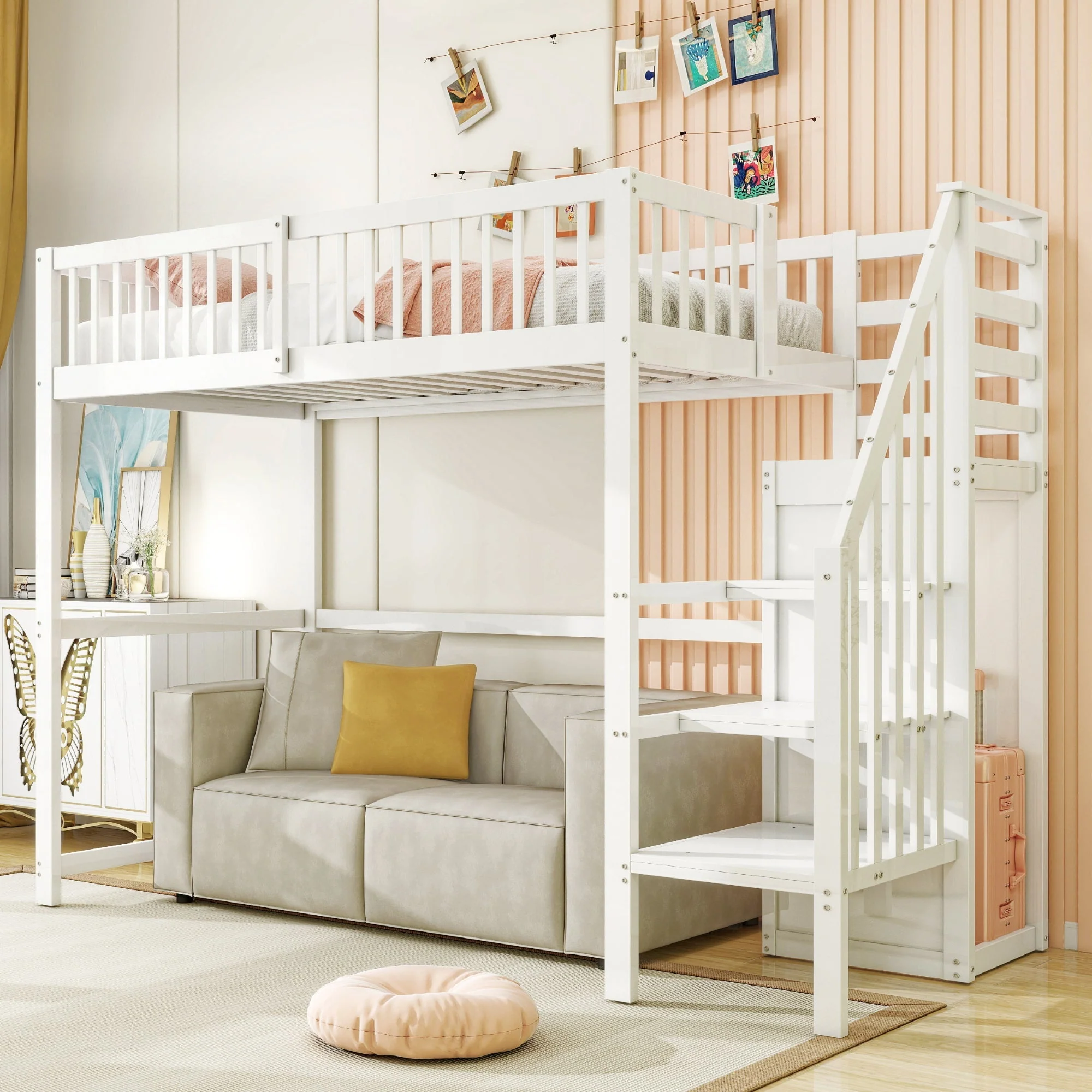 Loft Bed 90x200 with Stairs Storage Shelf Wardrobe, White Wooden