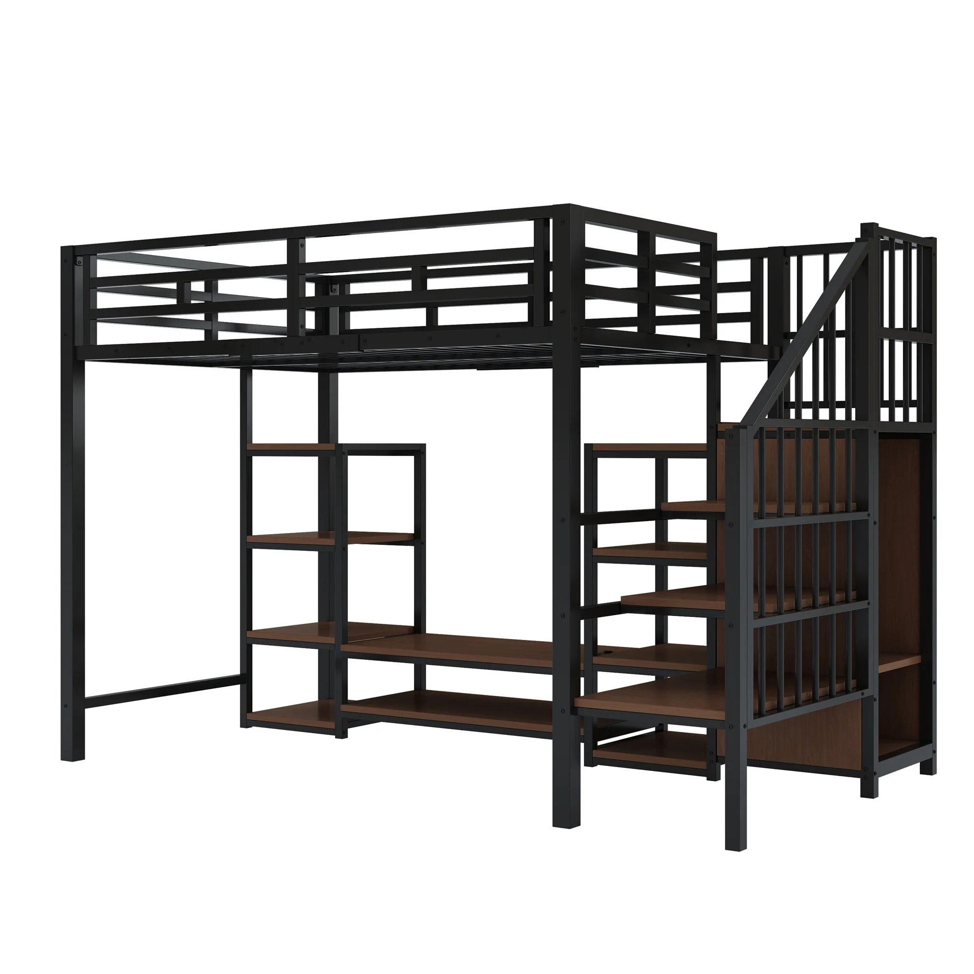 Loft Bed 90x200 with TV Stand Power Outlet Ladder, Metal & Wood Black - Image 7