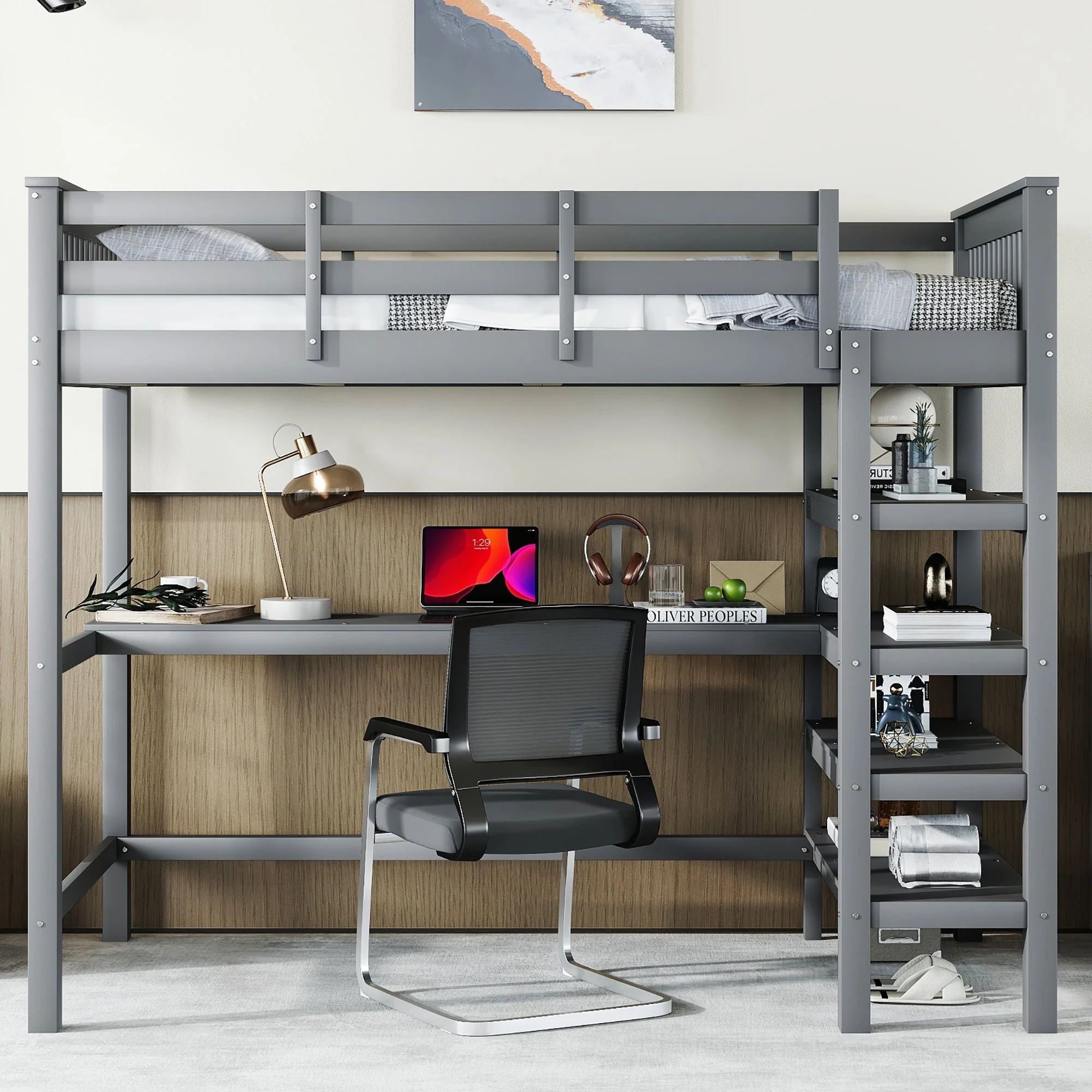 Loft Bed 90x200cm Children's Storage Under-Bed Desk Grey - Image 4