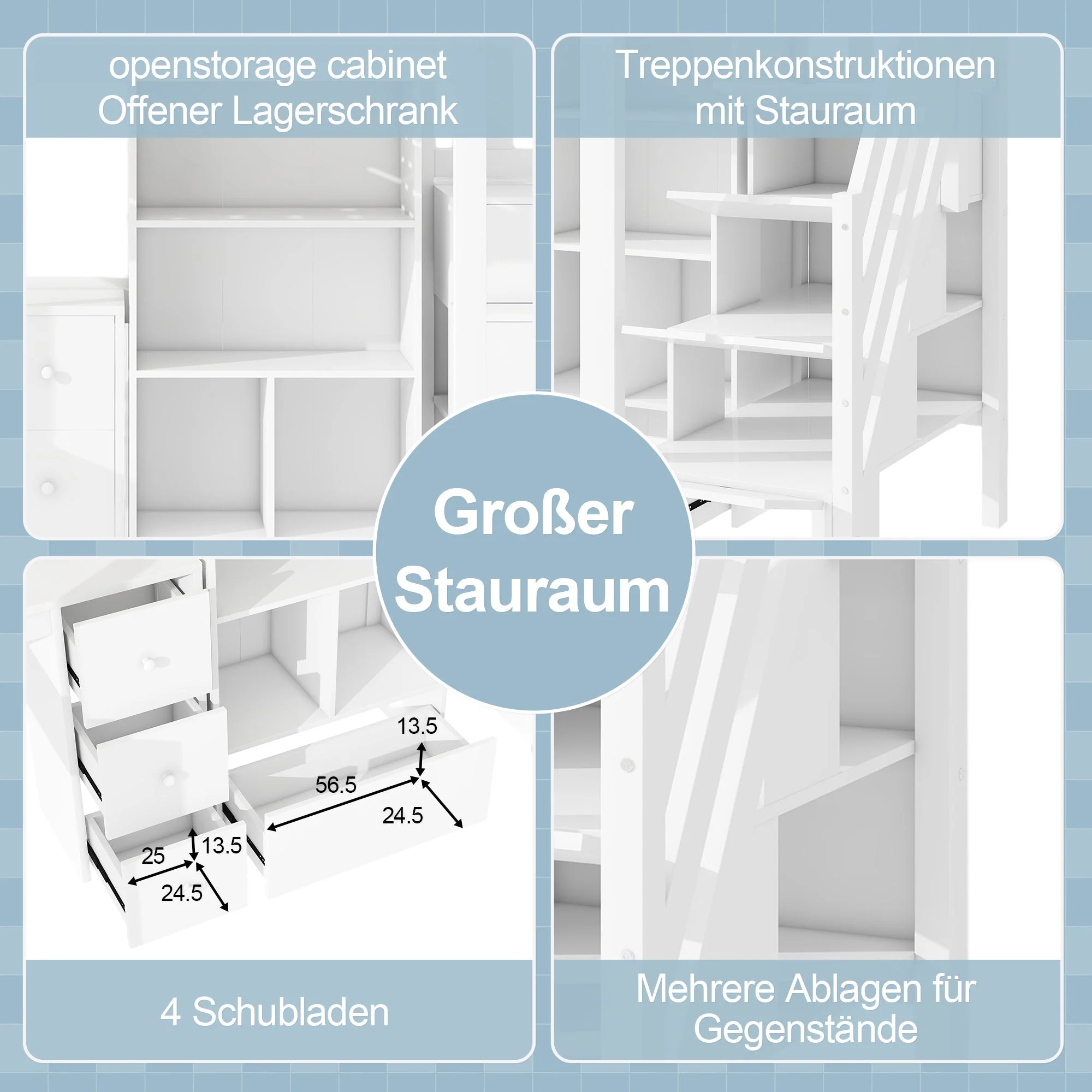 Loft Bed 90x200cm Desk Drawers Storage Stowable Ladder EN 747 Certified White - Image 2
