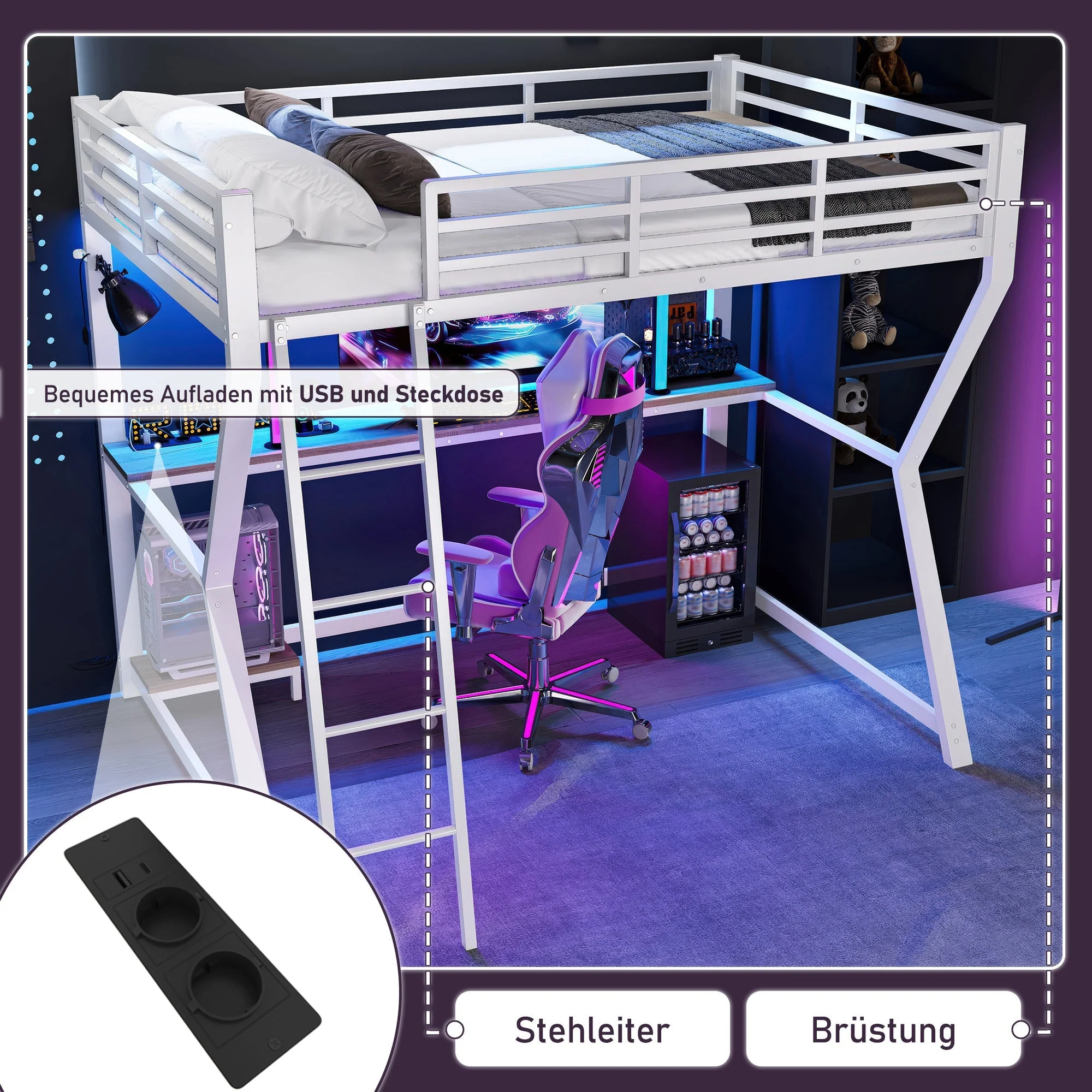 Loft Bed 90x200cm Desk LED USB Port Stairs - White - Image 2