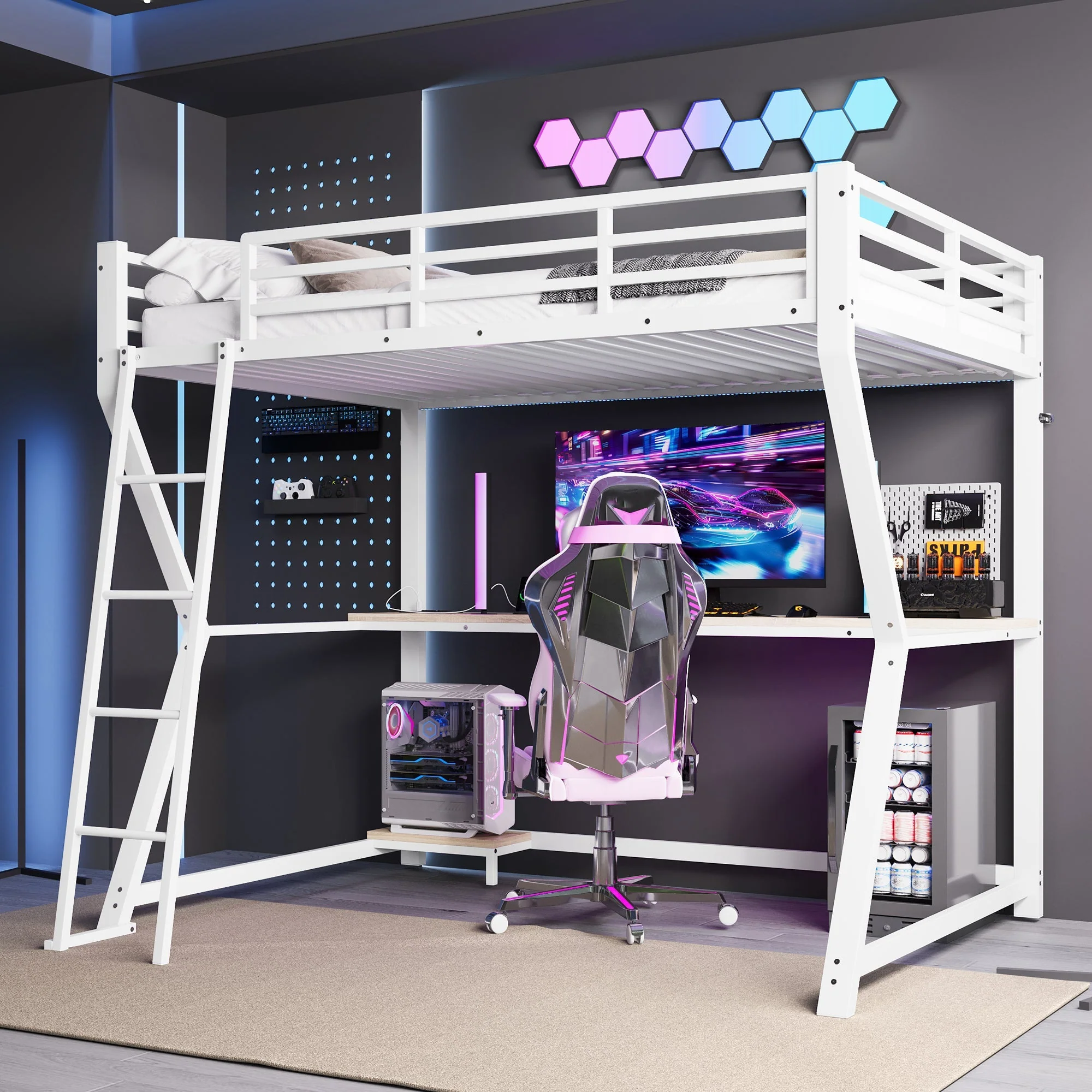 Loft Bed 90x200cm Desk LED USB Port Stairs - White - Image 5