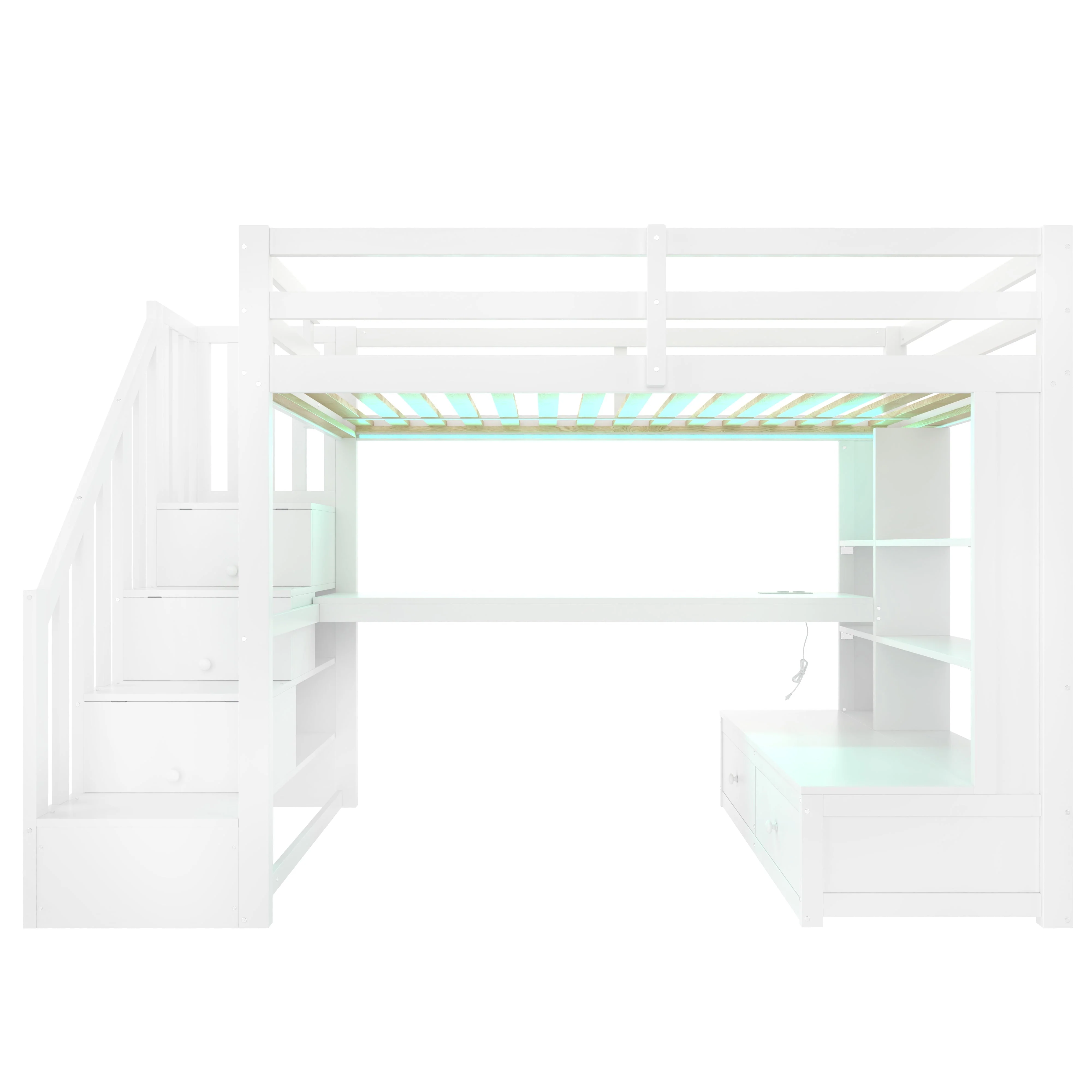 Loft Bed 90x200cm Desk Shelves Drawers Storage Stairs White - Image 10