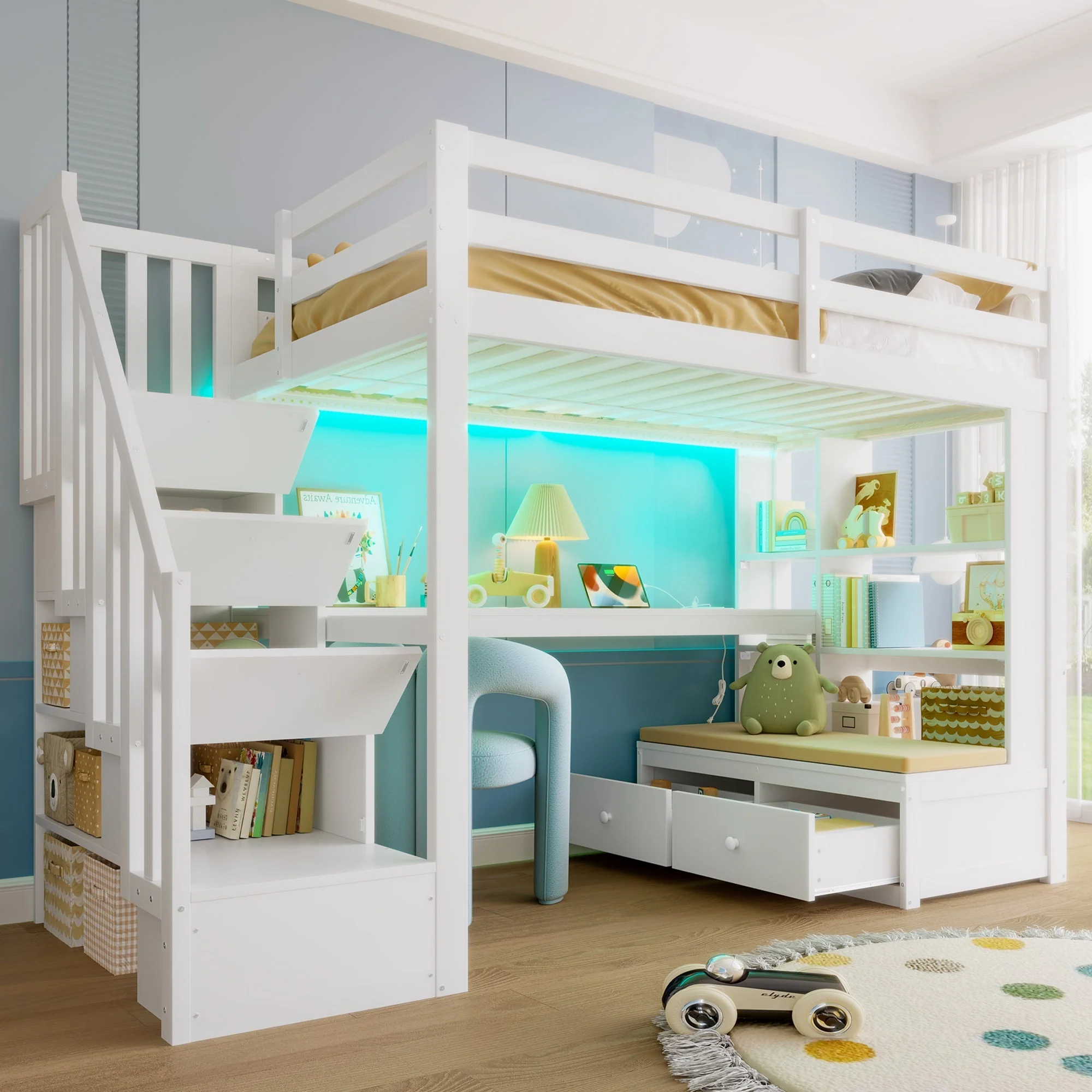 Loft Bed 90x200cm Desk Shelves Drawers Storage Stairs White - Image 3