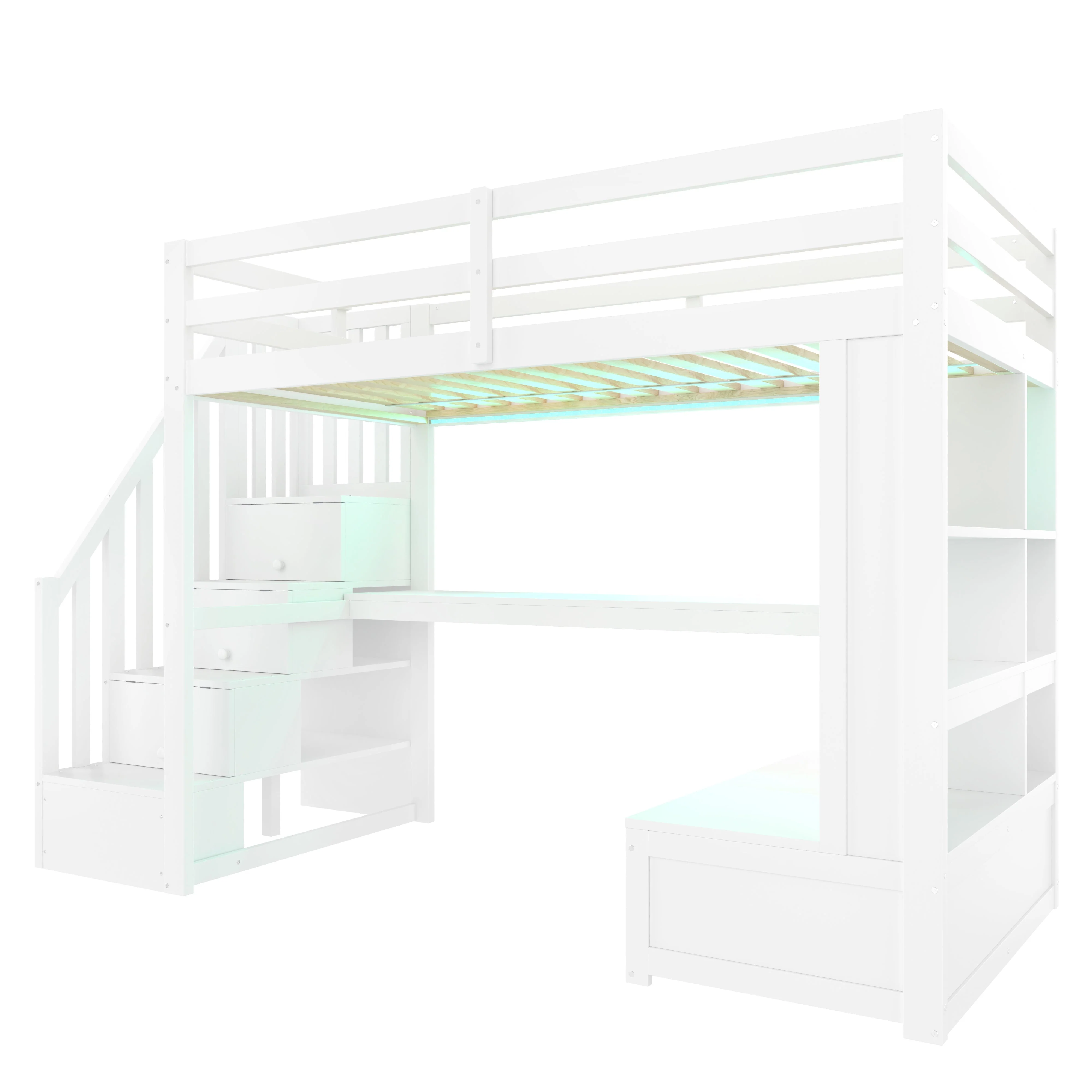 Loft Bed 90x200cm Desk Shelves Drawers Storage Stairs White - Image 7