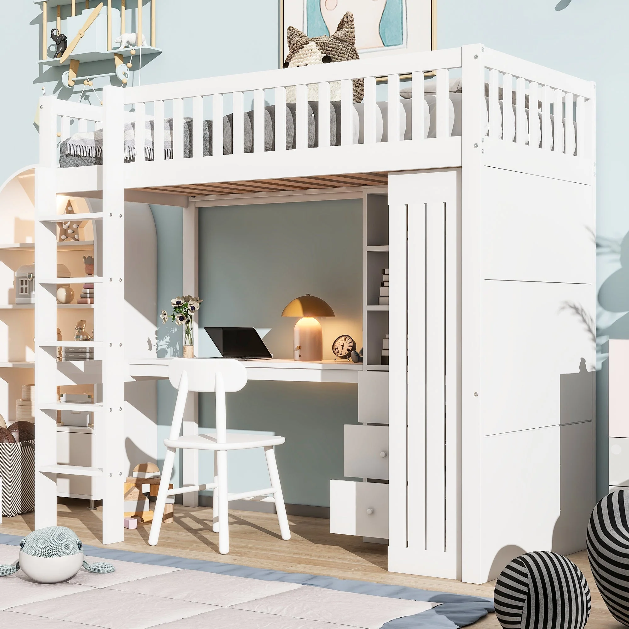 Loft Bed 90x200cm Desk Wardrobe 3 Drawers Stairs - White - Image 4
