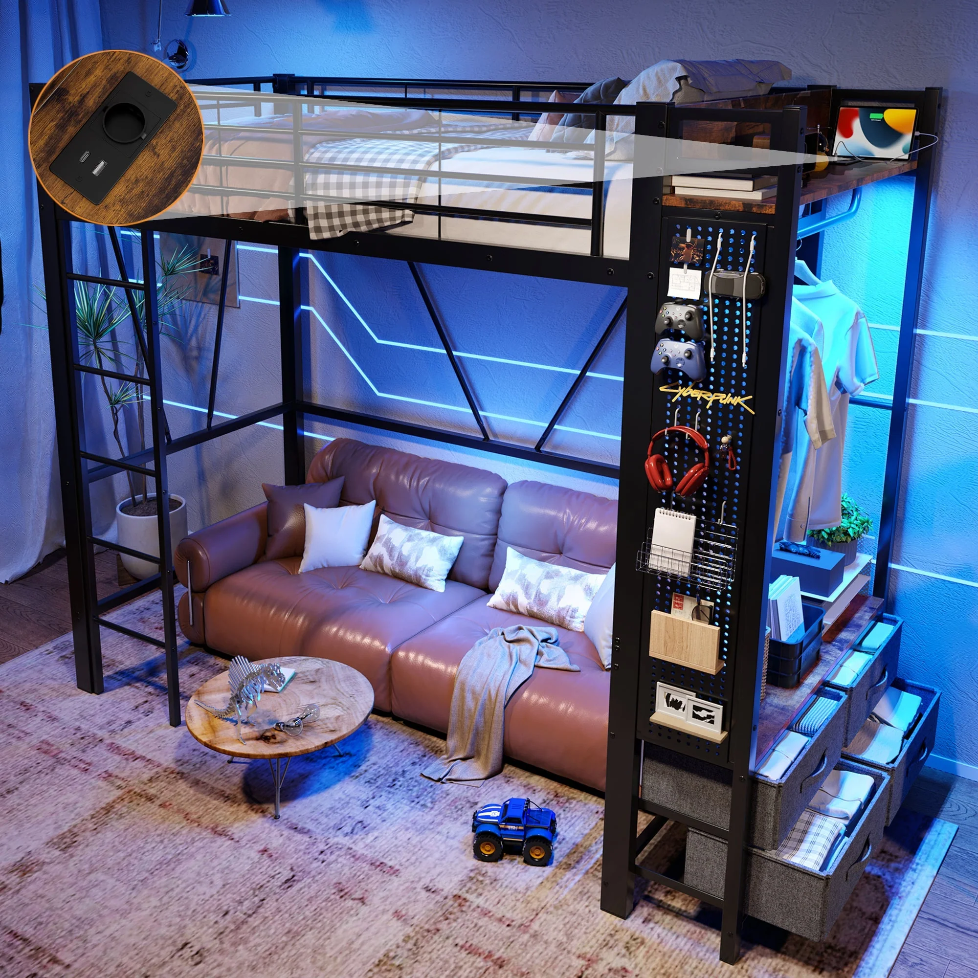 Loft Bed 90x200cm Iron Frame with 4 Drawers Shelves LED USB/Type-C Socket Pegboard black - Image 2