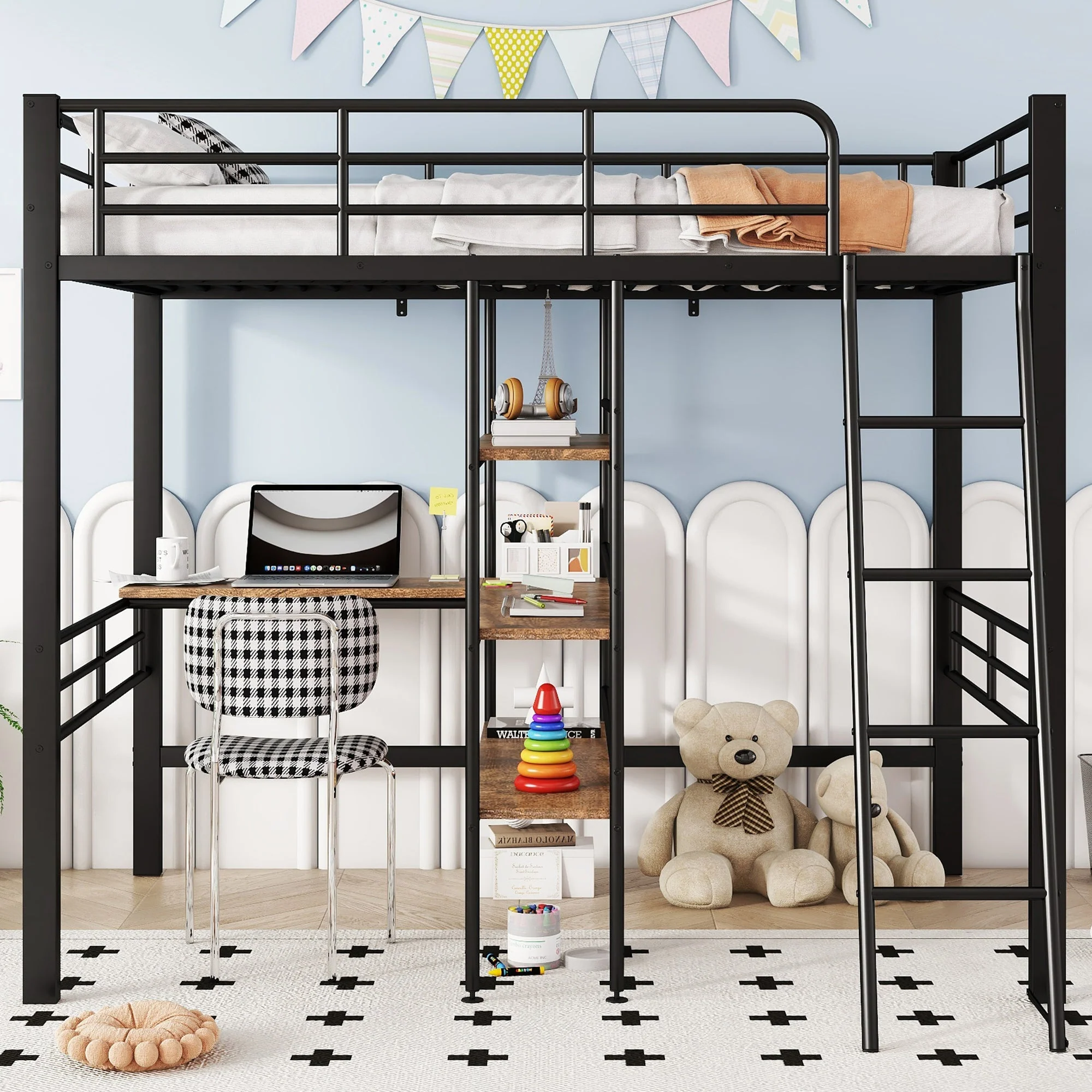 Loft Bed 90x200cm Iron Frame with Desk Multiple Shelves Black - Image 4