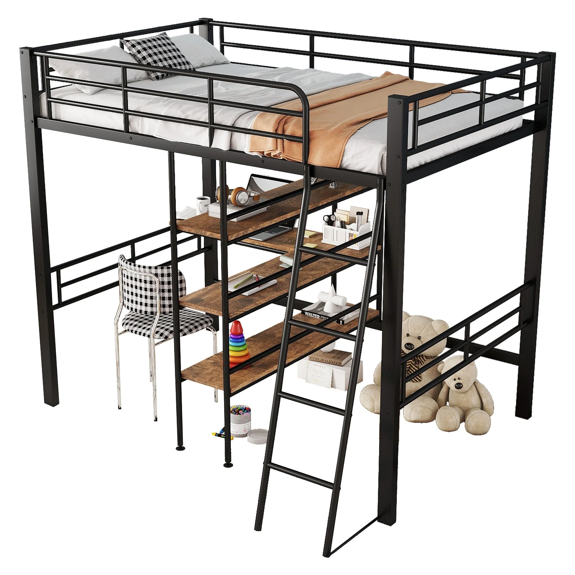 Loft Bed 90x200cm Iron Frame with Desk Multiple Shelves Black - Image 7