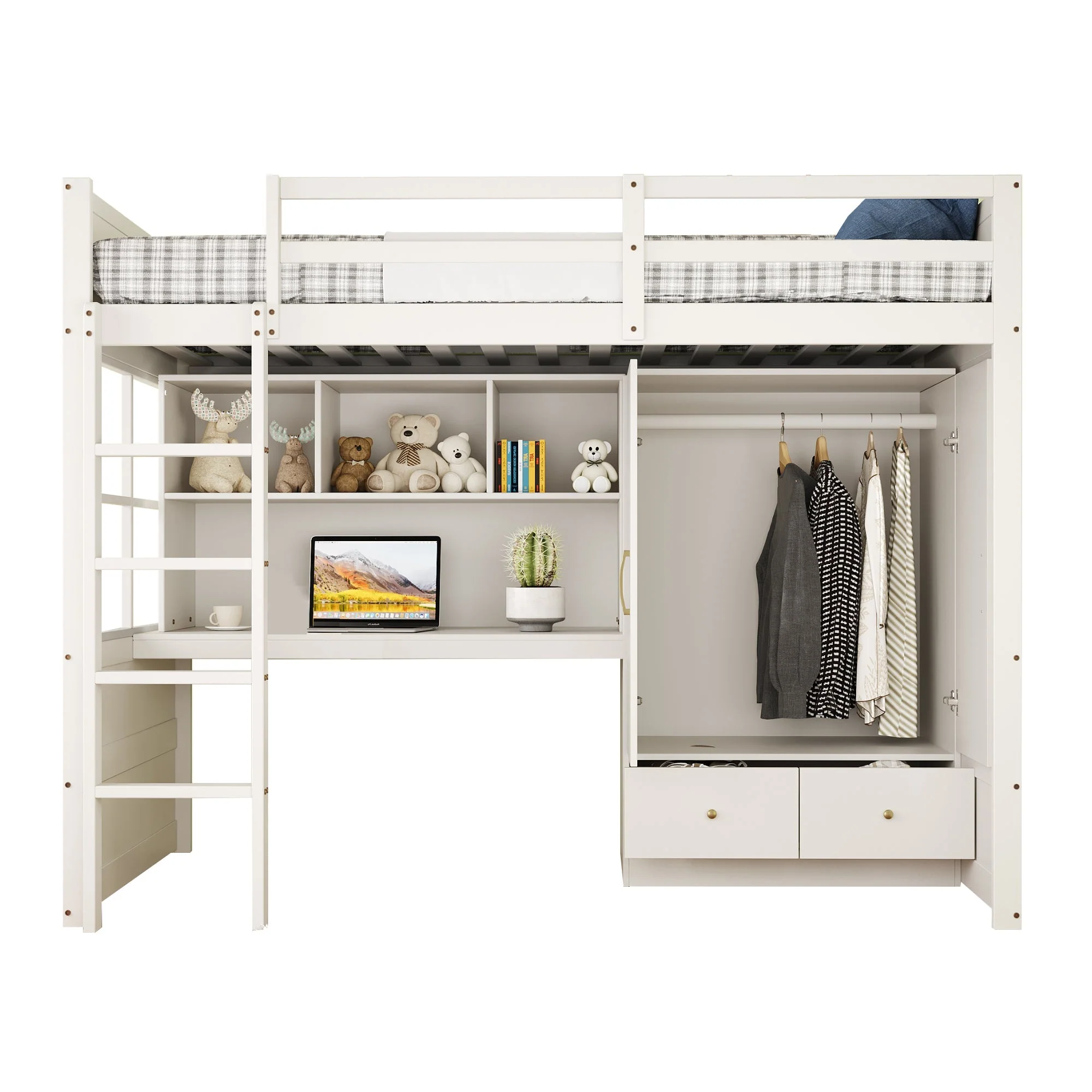 Loft Bed 90x200cm, Ladder, Desk, Wardrobe & Drawers, White - Image 8