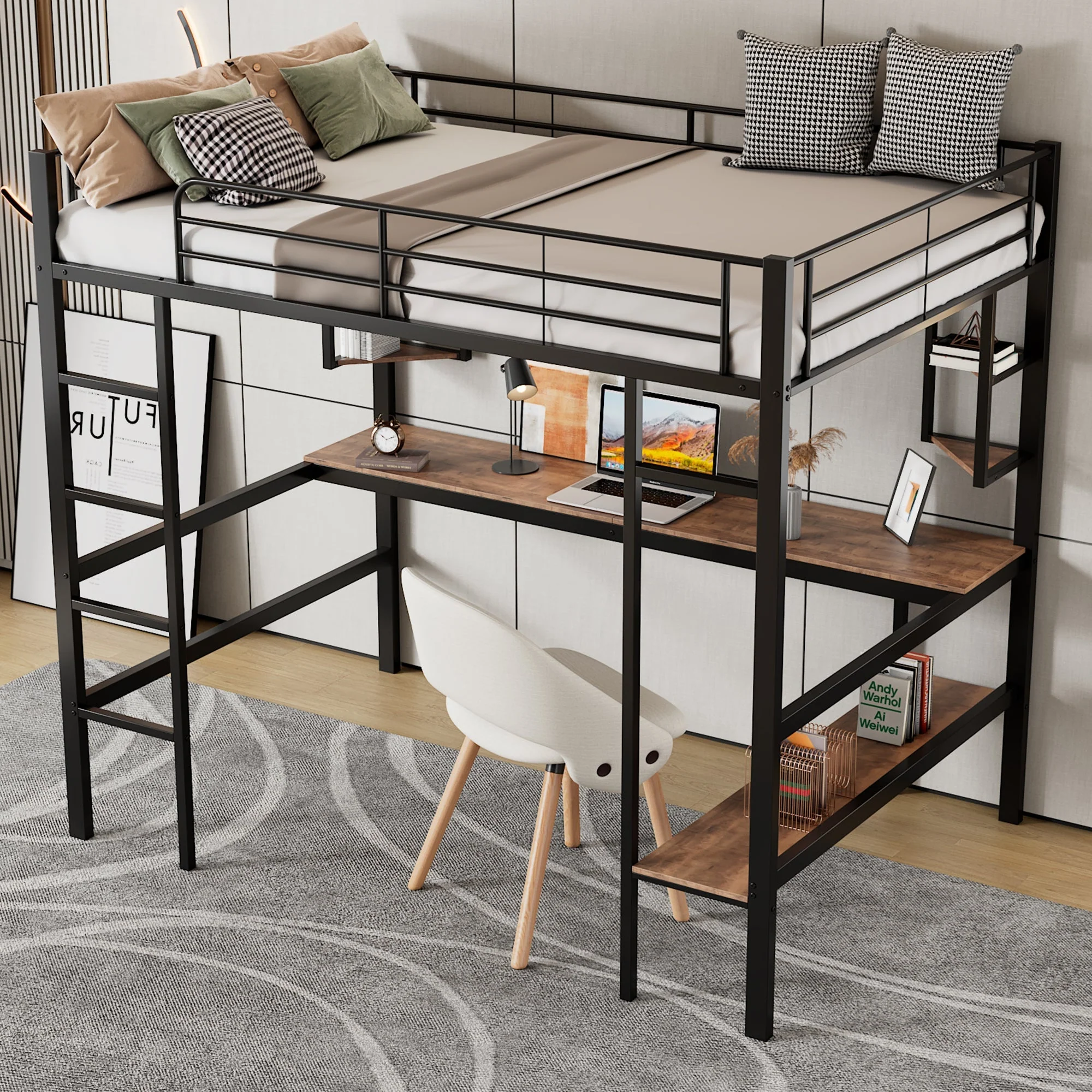 Loft Bed 90x200cm Metal Frame Desk & Bookcase - Black - Image 3