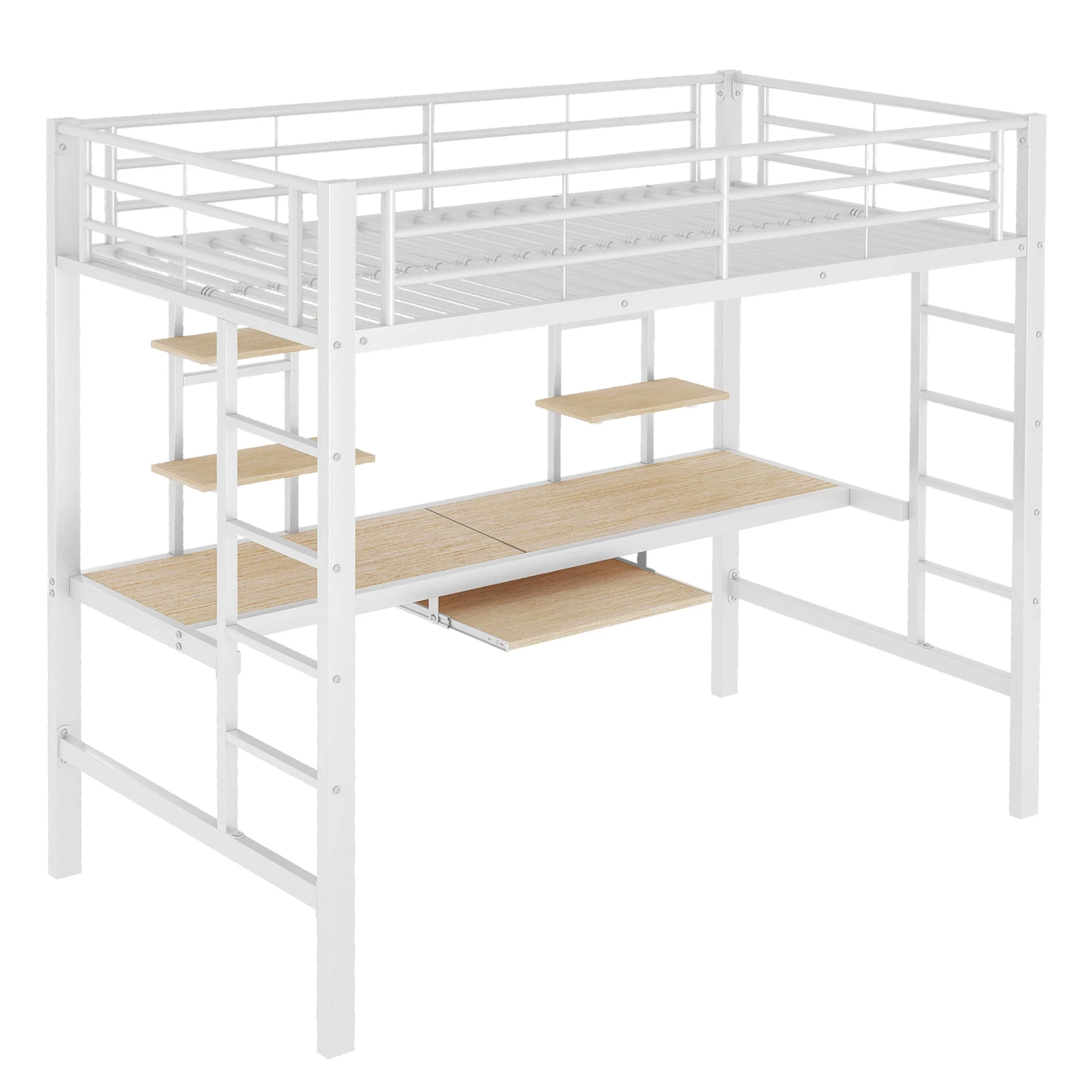 Loft Bed 90x200cm Metal Frame with Desk and 2 Bookshelves White - Image 10