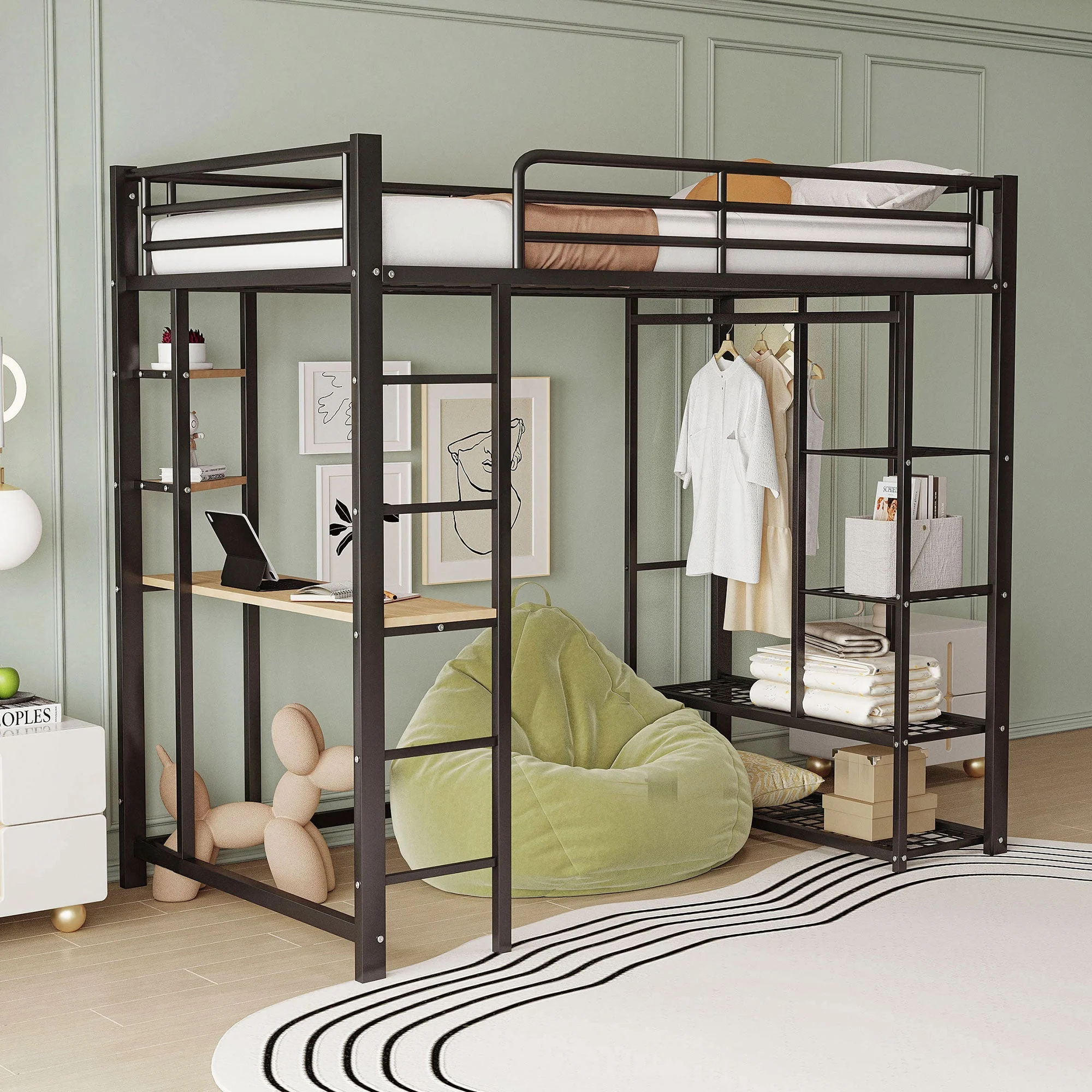 Loft Bed 90x200cm Single/Children's Bed with Ladder, Table, Storage, Black - Image 4
