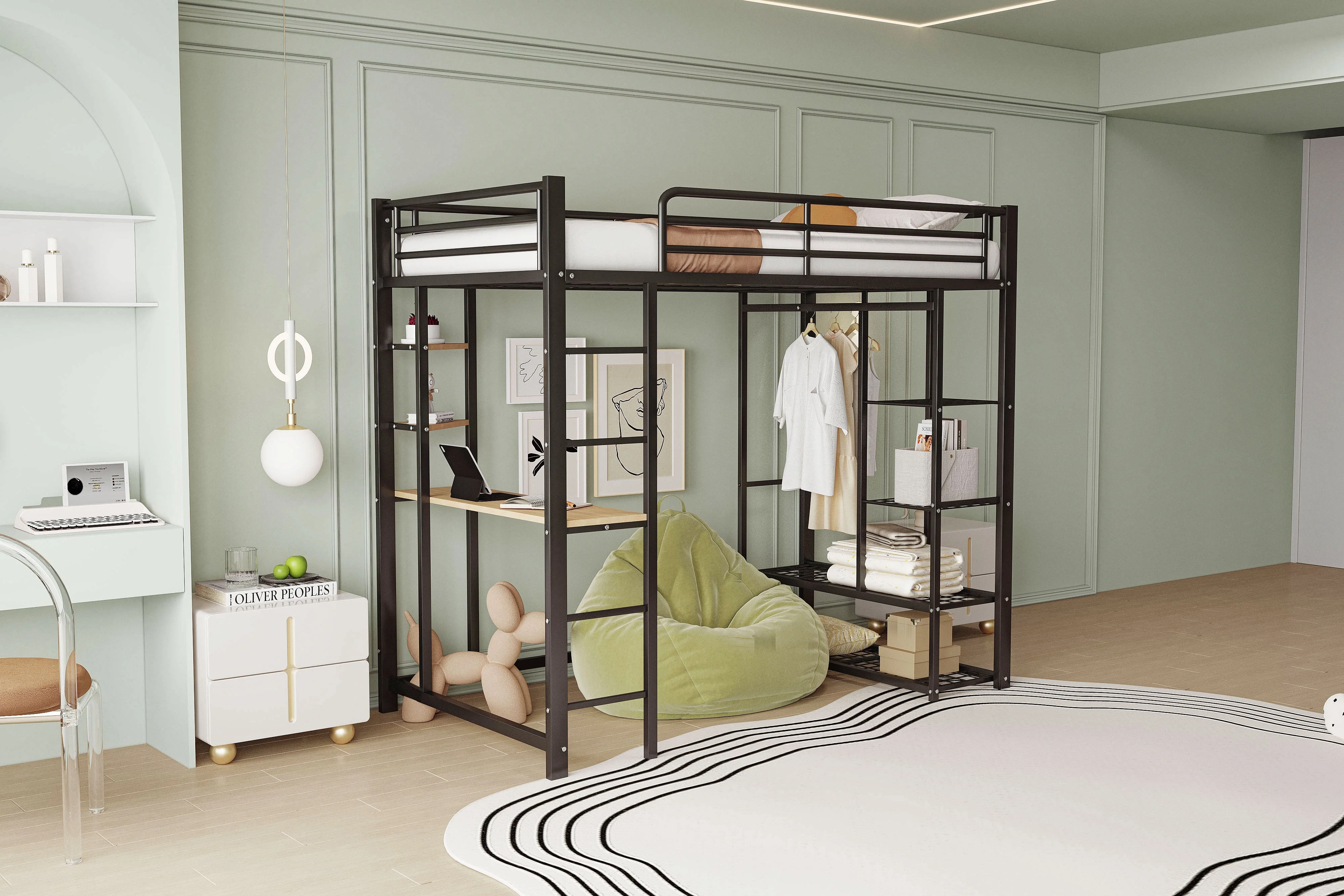 Loft Bed 90x200cm Single/Children's Bed with Ladder, Table, Storage, Black - Image 7