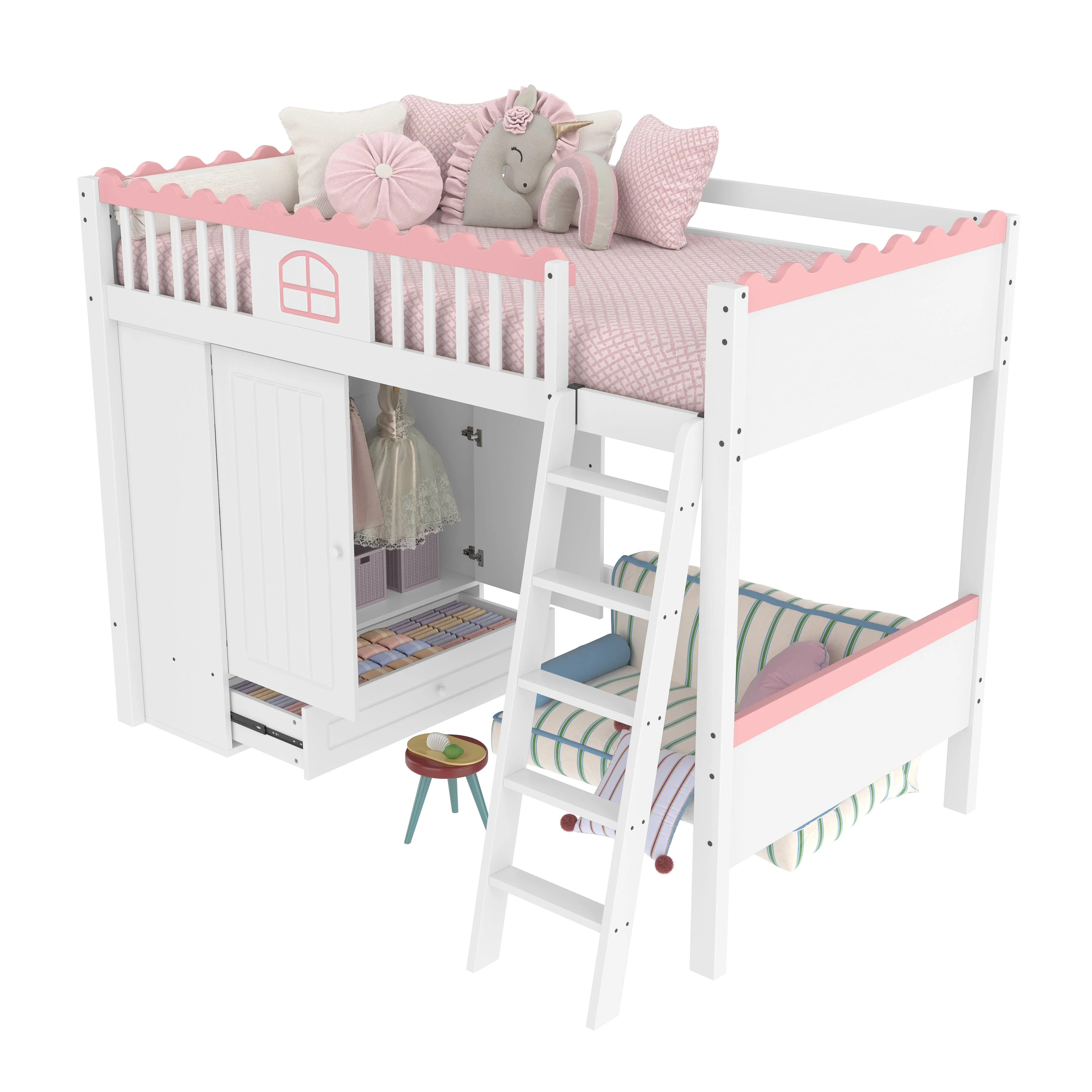 Loft Bed 90x200cm Single Storage Wardrobe LED - White Pine Wood - Image 10