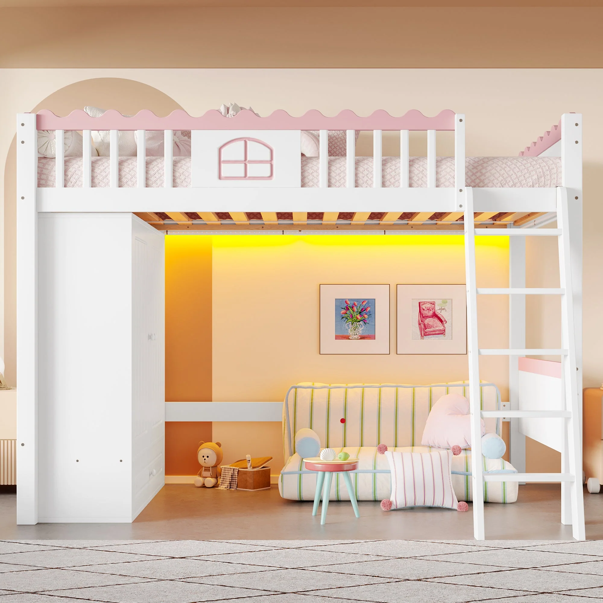 Loft Bed 90x200cm Single Storage Wardrobe LED - White Pine Wood - Image 4