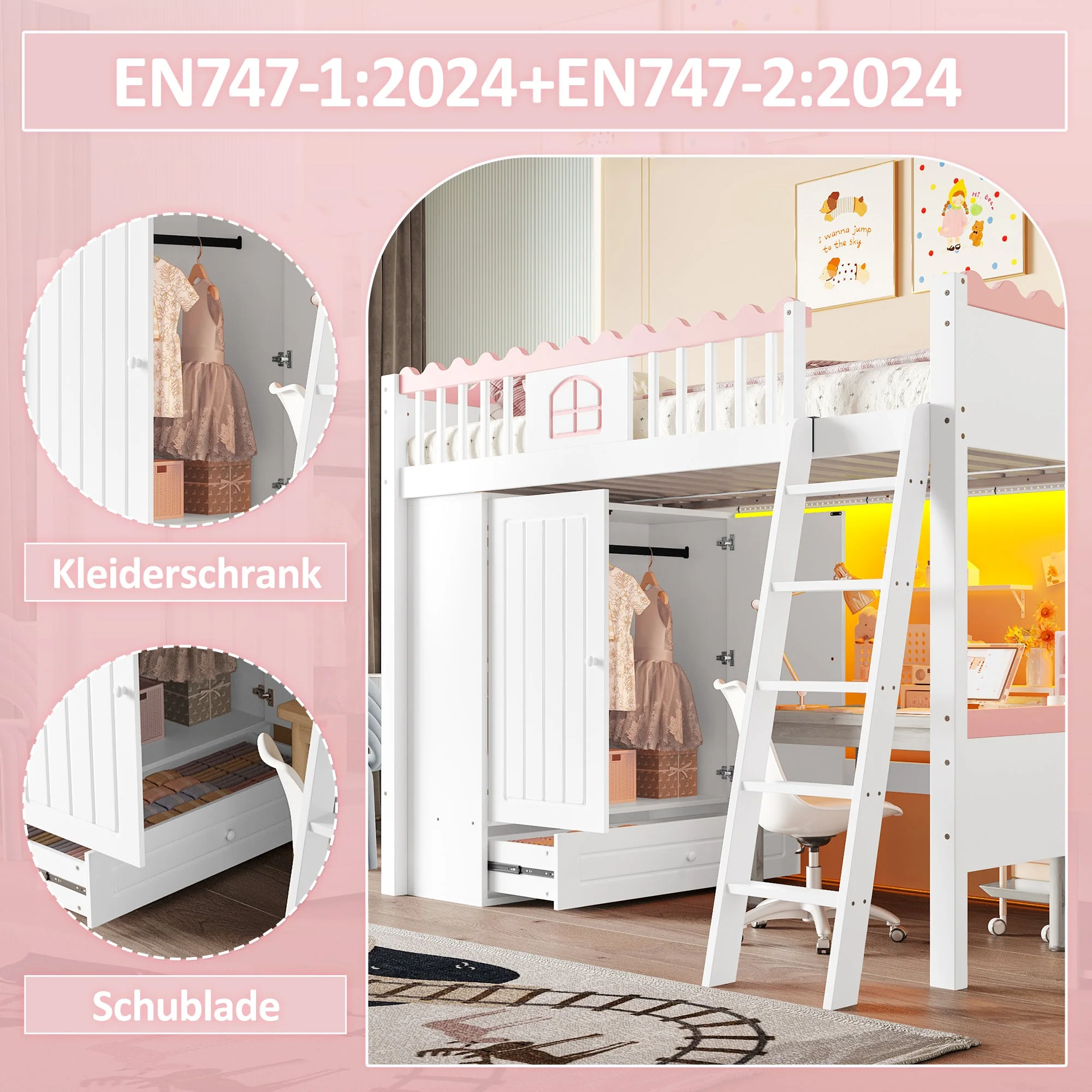 Loft Bed 90x200cm Single Storage Wardrobe LED - White Pine Wood - Image 6
