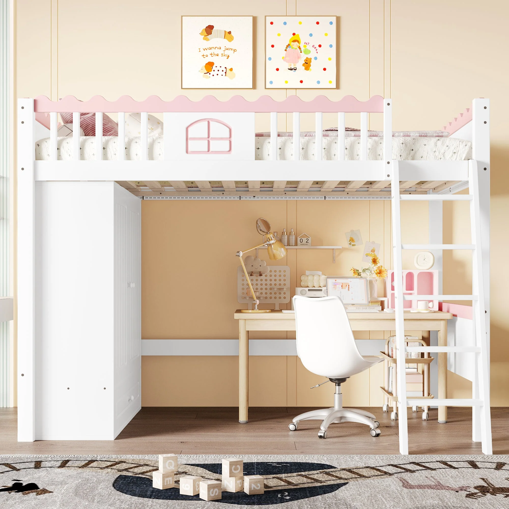 Loft Bed 90x200cm Single Storage Wardrobe LED - White Pine Wood - Image 9
