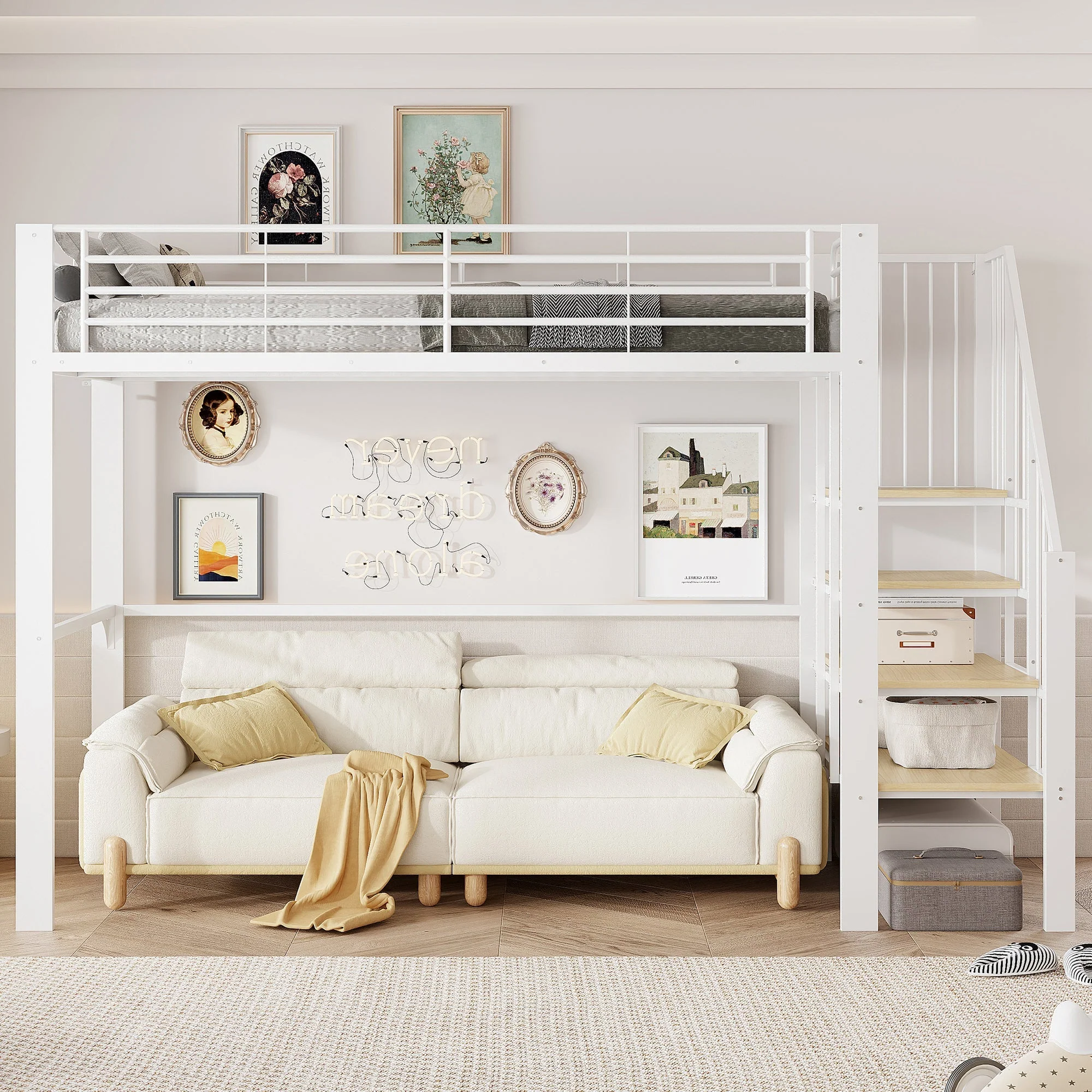 Loft Bed 90x200cm Spacious Storage Under Bed Stairs - Metal Construction - Image 2