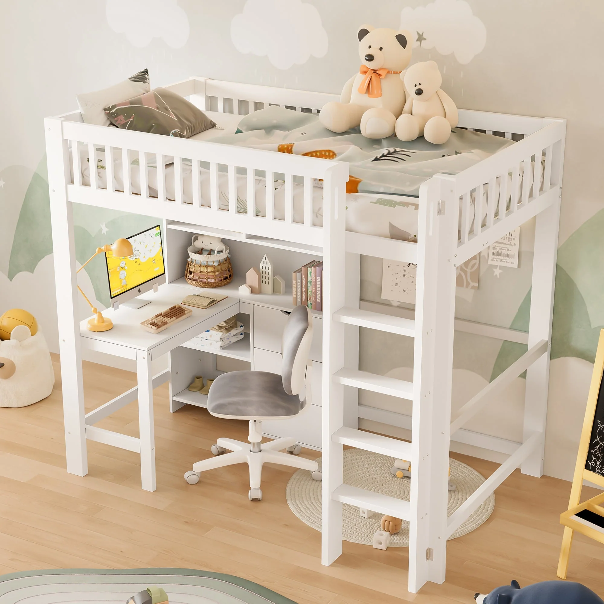 Loft Bed 90x200cm Storage Ladder Desk 3 Drawers, White - Image 4