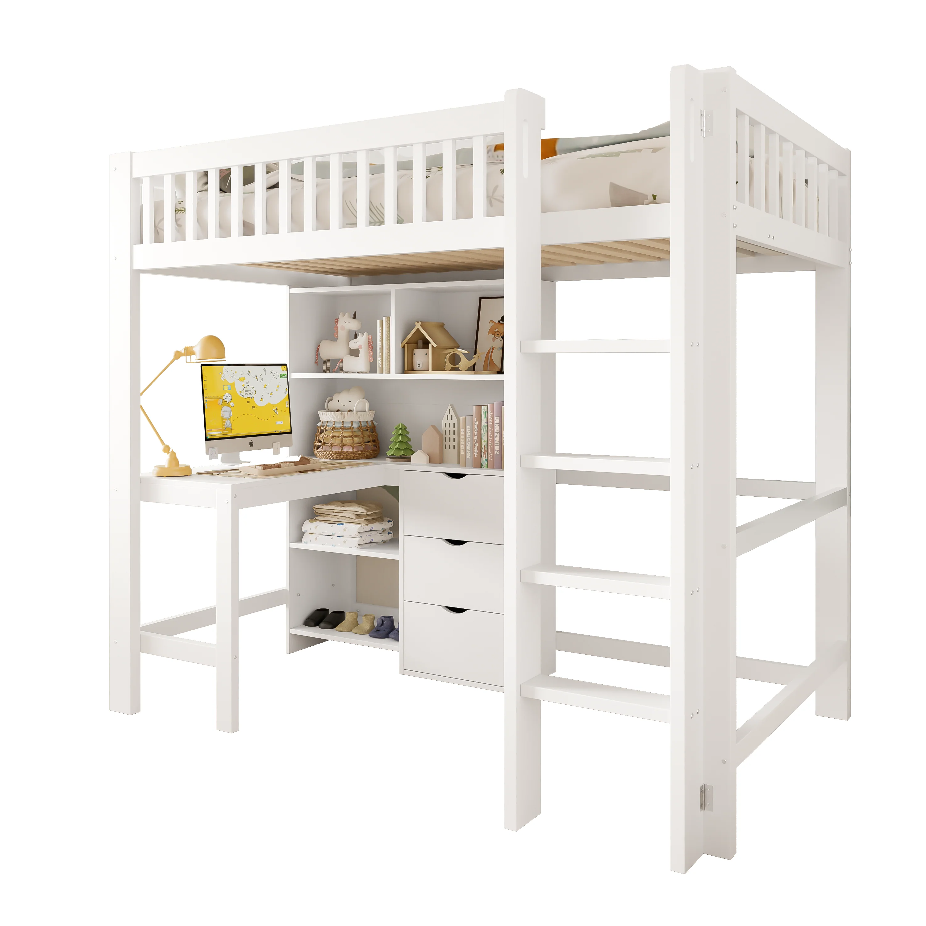 Loft Bed 90x200cm Storage Ladder Desk 3 Drawers, White - Image 5