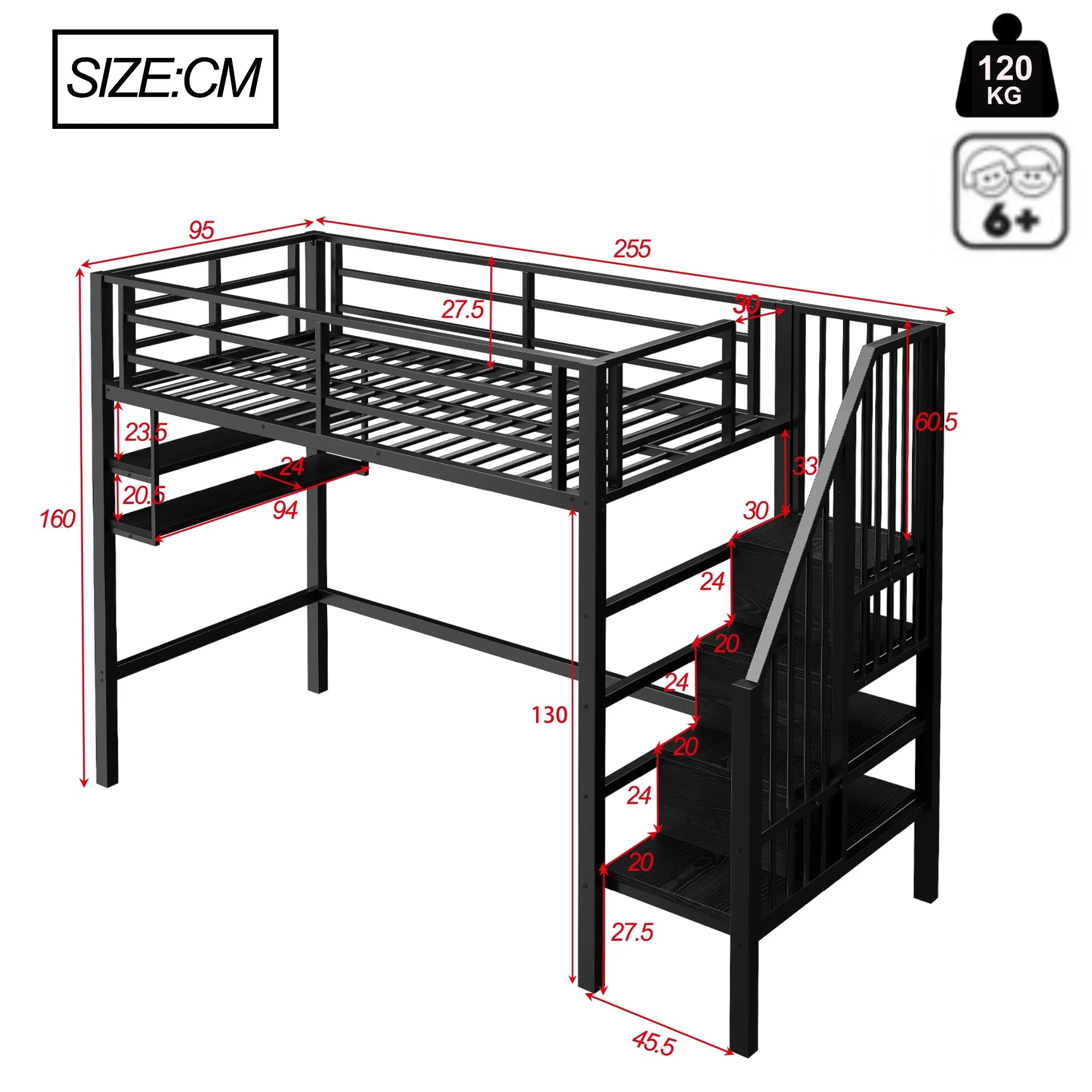 Loft Bed 90x200cm Storage Ladder Shelves Railing - Black - Image 7