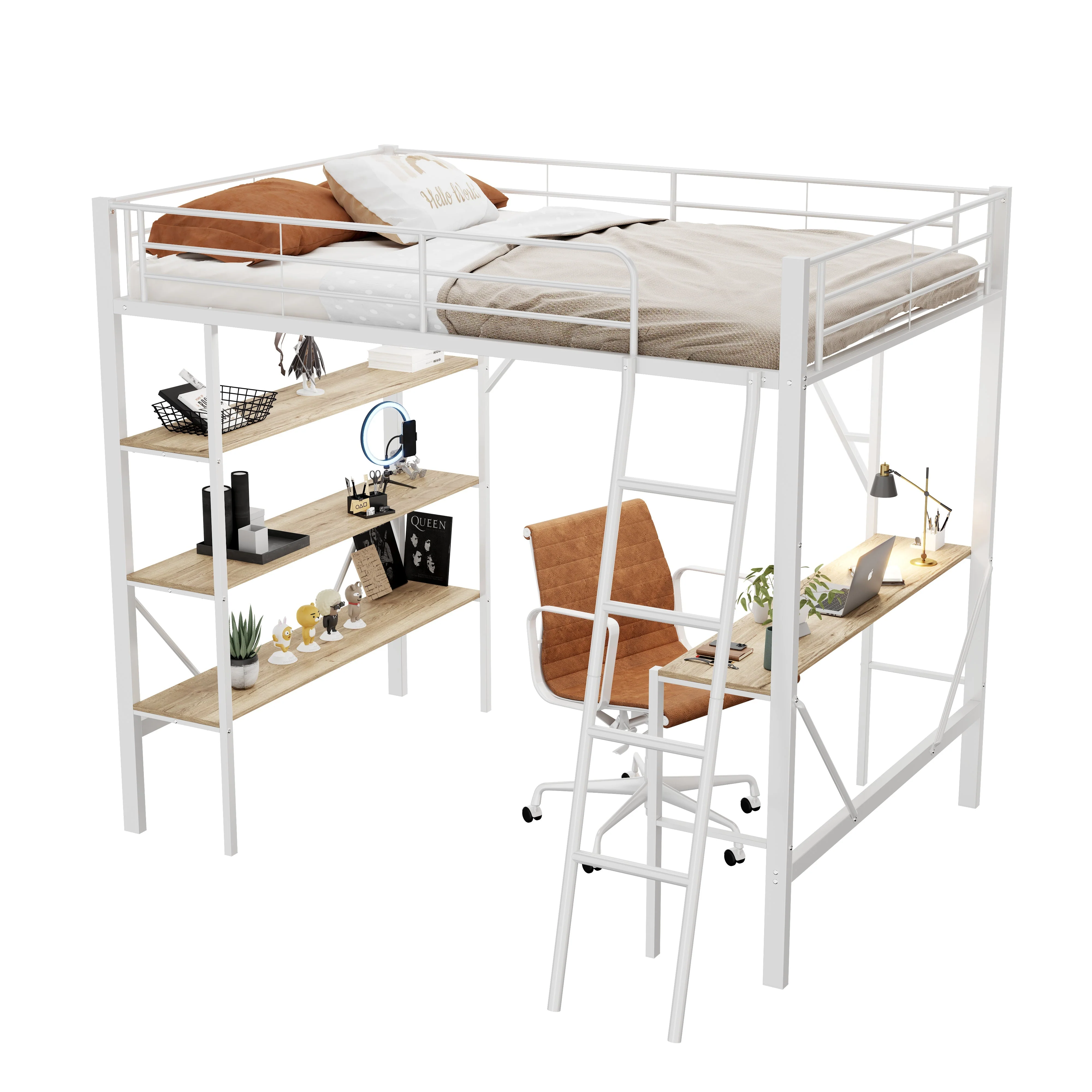 Loft Bed 90x200cm with Desk 3 Shelves - White Metal - Image 4