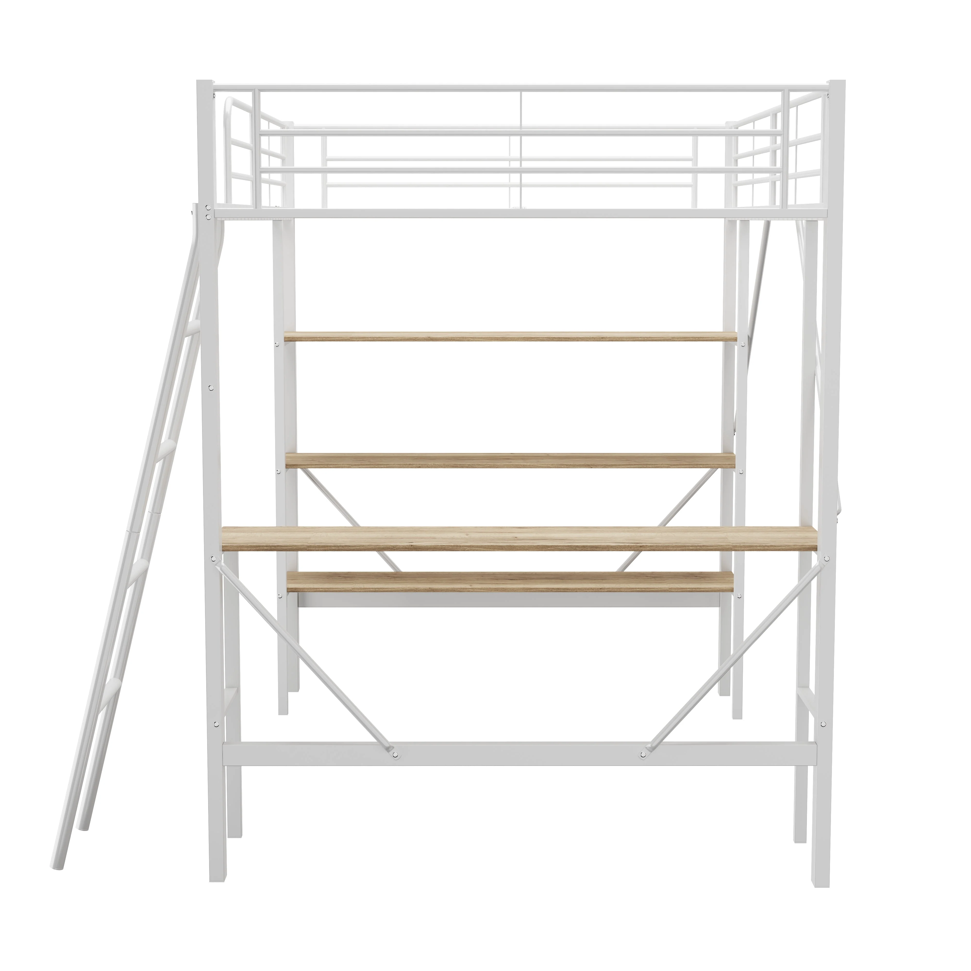 Loft Bed 90x200cm with Desk 3 Shelves - White Metal - Image 6