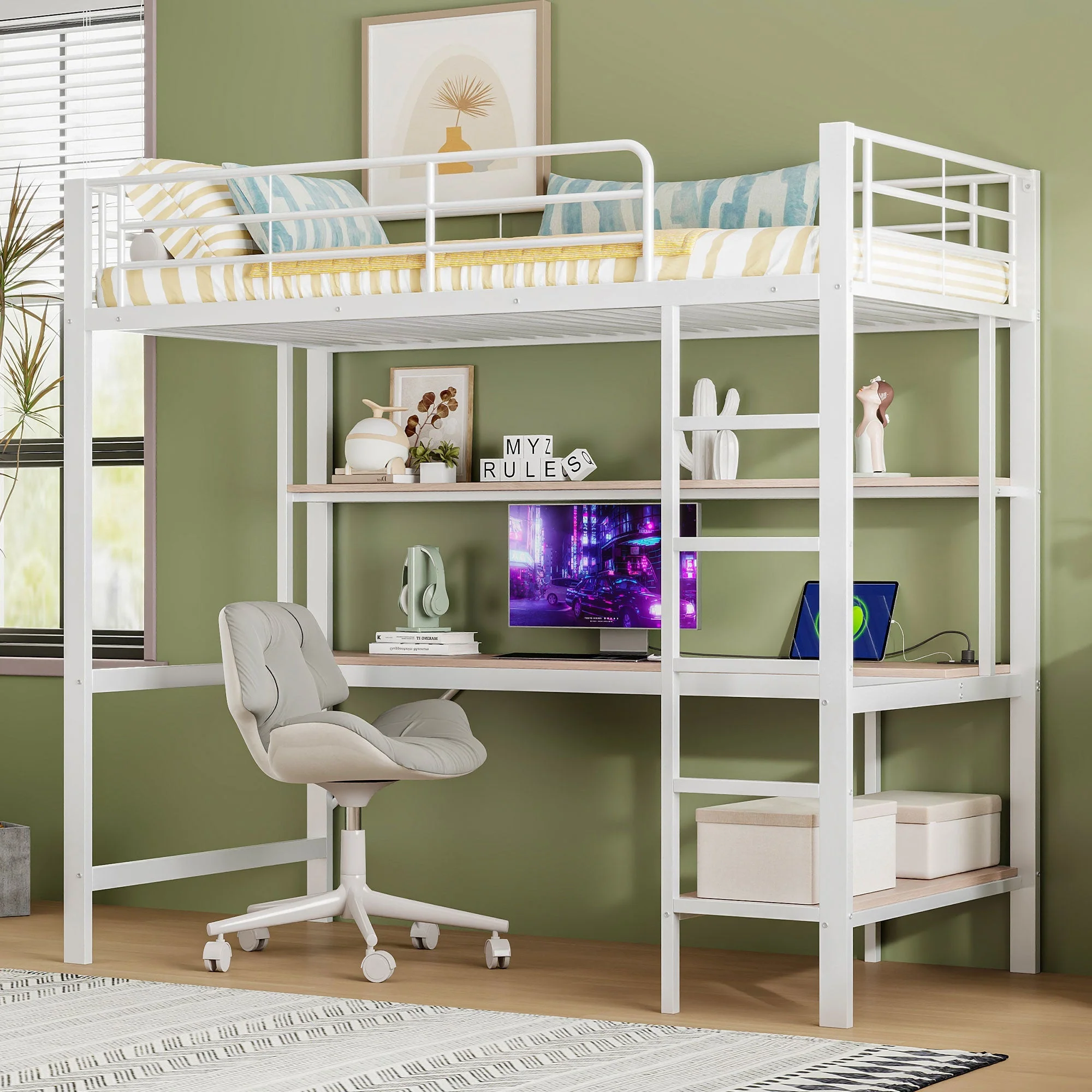 Loft Bed 90x200cm with Desk, Multi-Tiered Shelf, Ladder, USB, and LED Lights, Metal White - Image 3