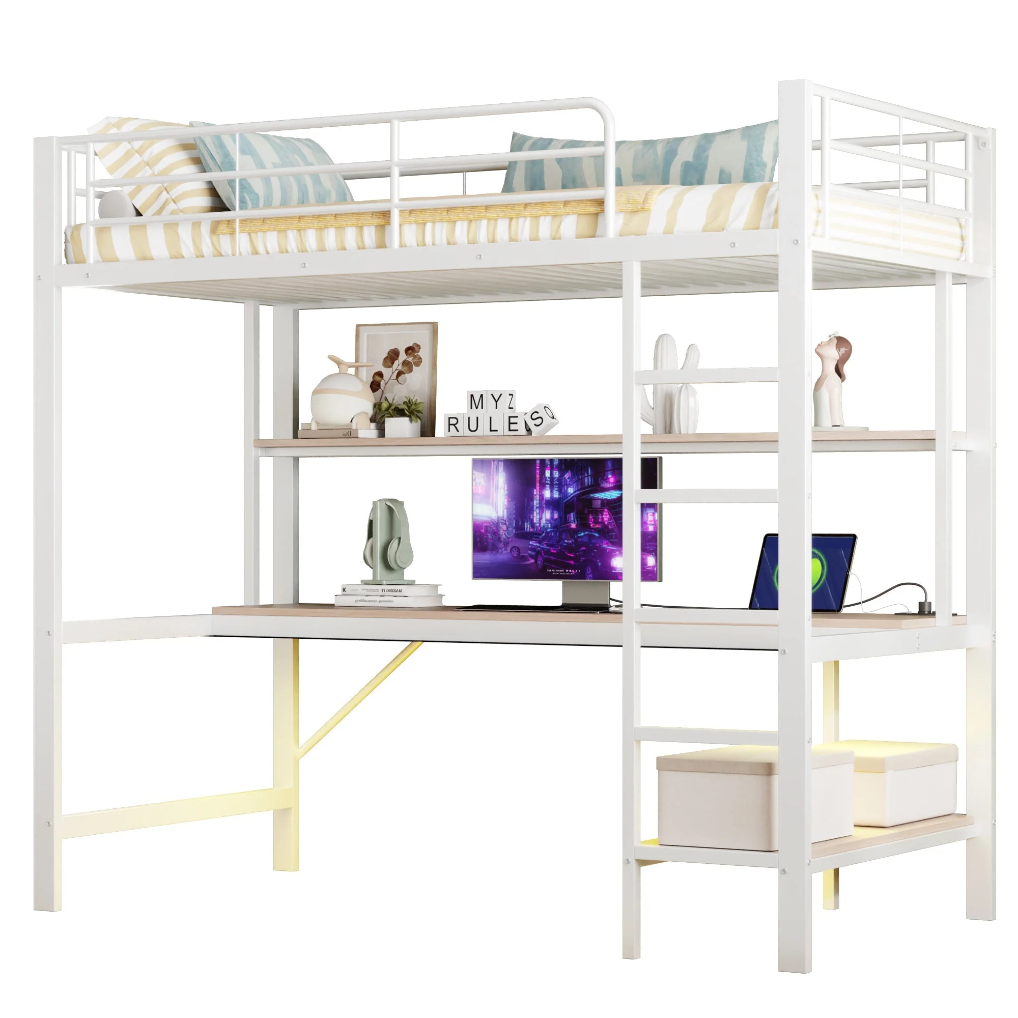 Loft Bed 90x200cm with Desk, Multi-Tiered Shelf, Ladder, USB, and LED Lights, Metal White - Image 8
