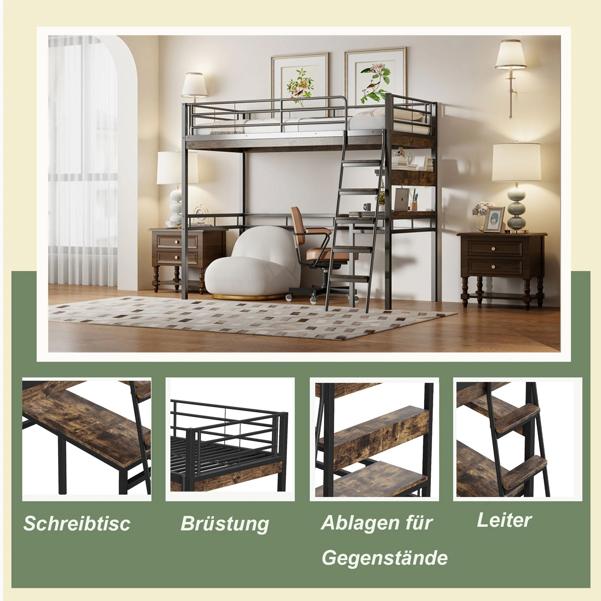 Loft Bed 90x200cm with Desk Shelves Ladder - Black Iron - Image 2