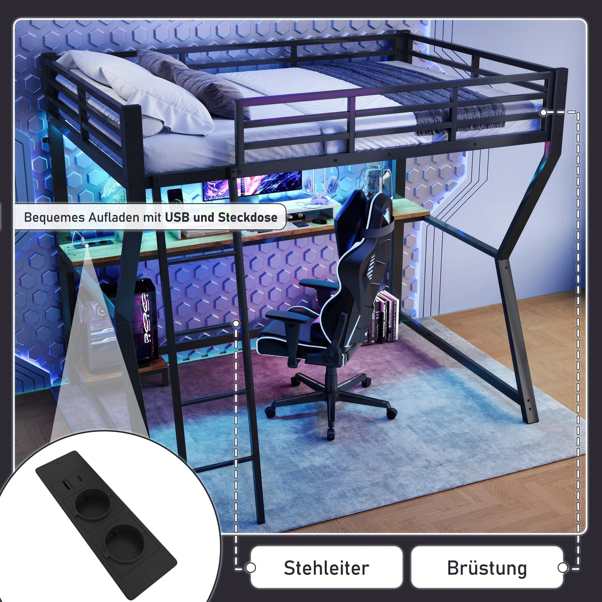 Loft Bed 90x200cm with Desk Storage Stairs LED Lights & USB Port Black - Image 2
