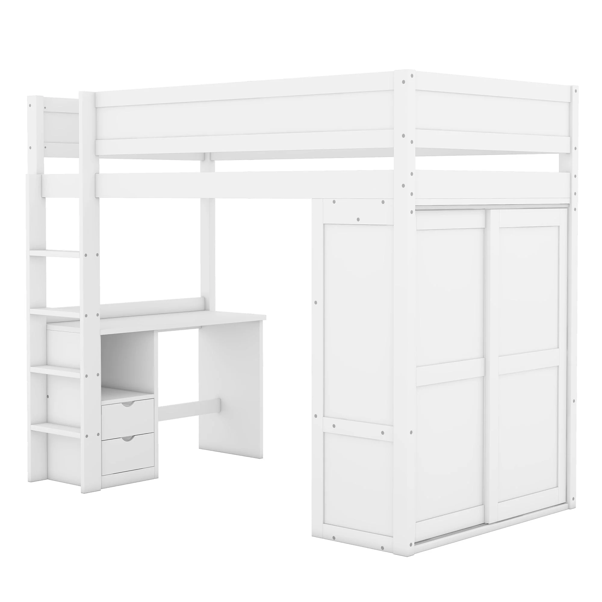 Loft Bed 90x200cm with Desk Wardrobe Drawers - White - Image 7