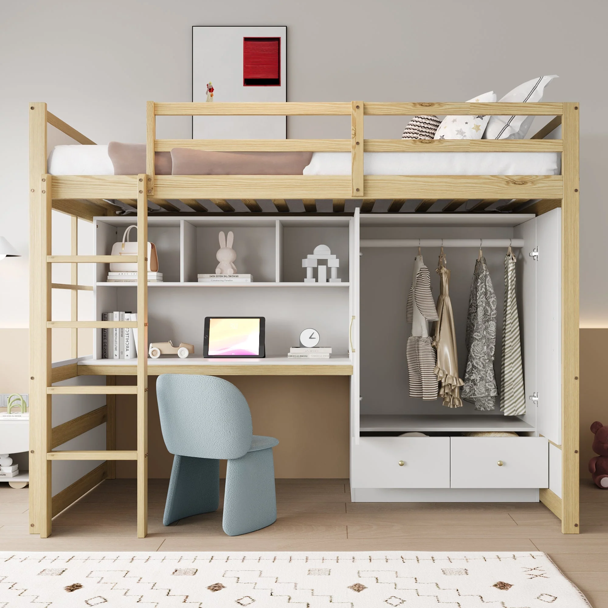 Loft Bed, 90x200cm with Ladder, Desk, Wardrobe & Drawers, Wood Color - Image 2