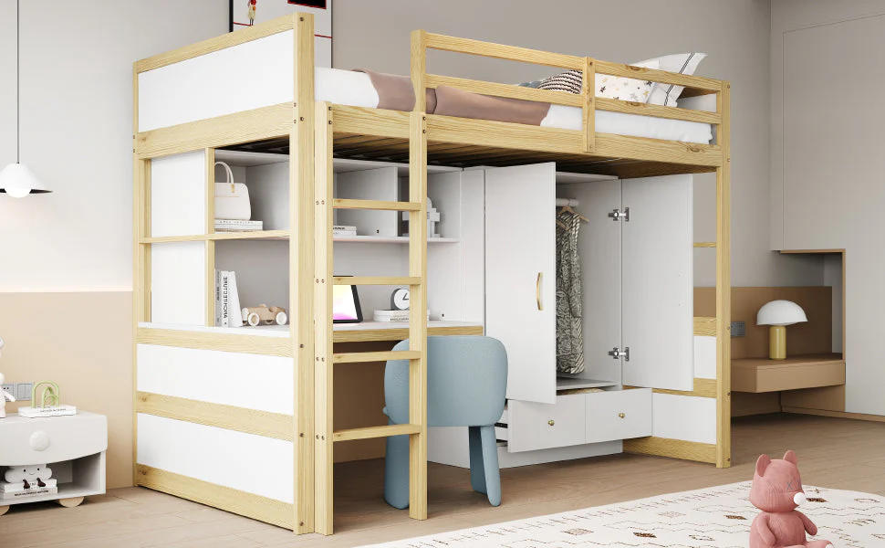 Loft Bed, 90x200cm with Ladder, Desk, Wardrobe & Drawers, Wood Color - Image 5