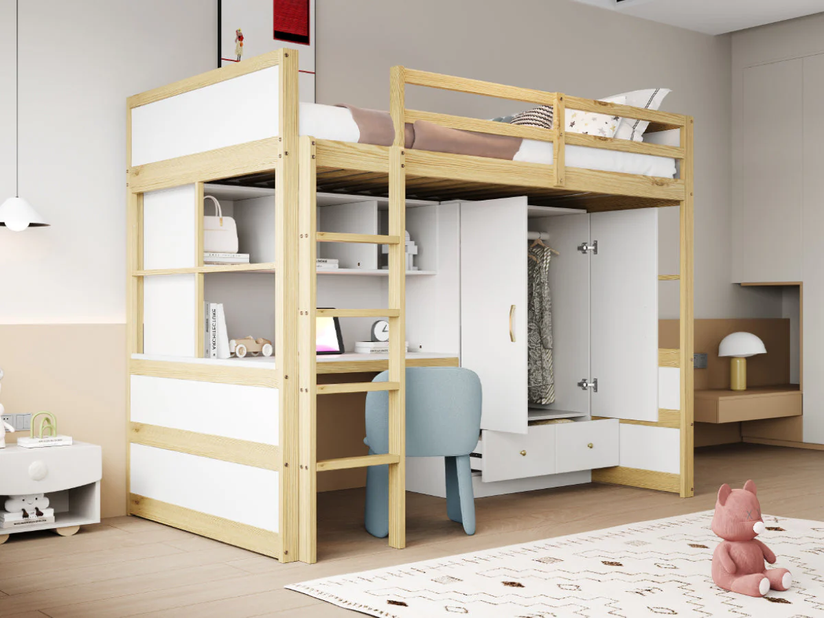 Loft Bed, 90x200cm with Ladder, Desk, Wardrobe & Drawers, Wood Color - Image 6