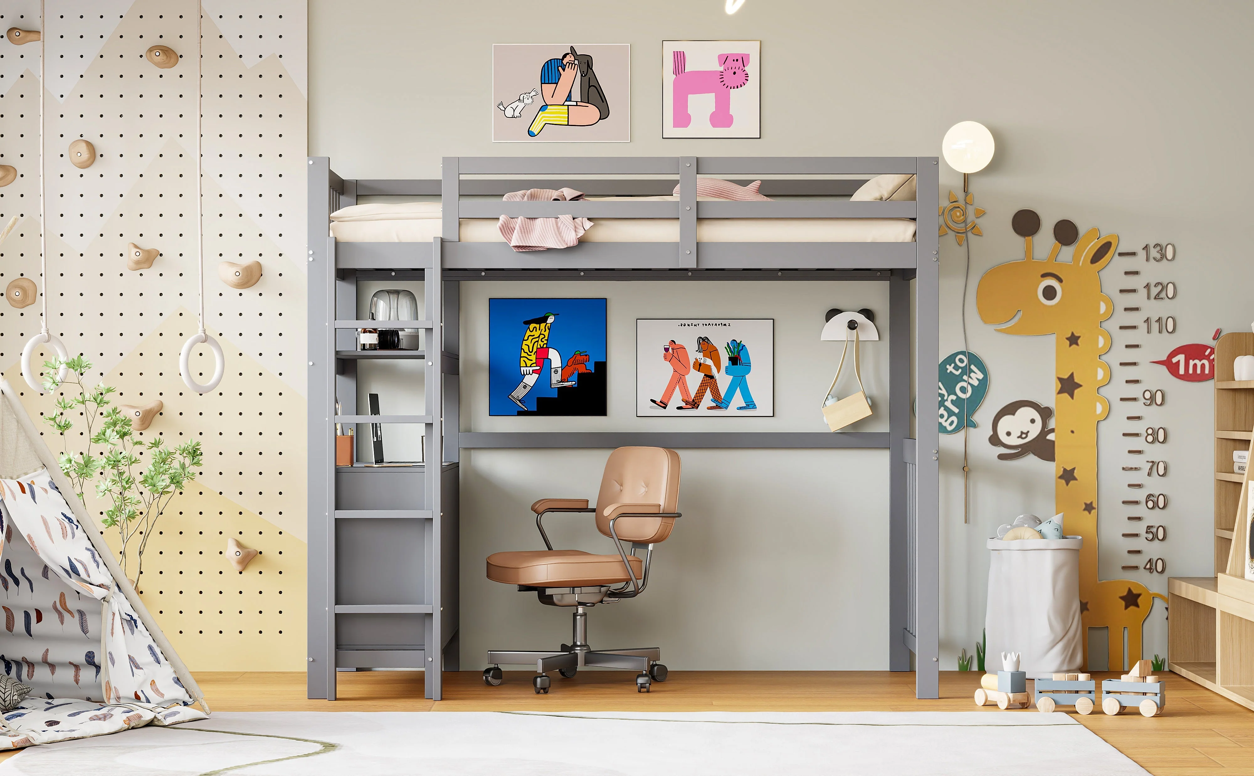 Loft Bed, 90x200cm with Ladder, Drawers, Shelves, Slatted Frame, Pinewood, Grey - Image 6