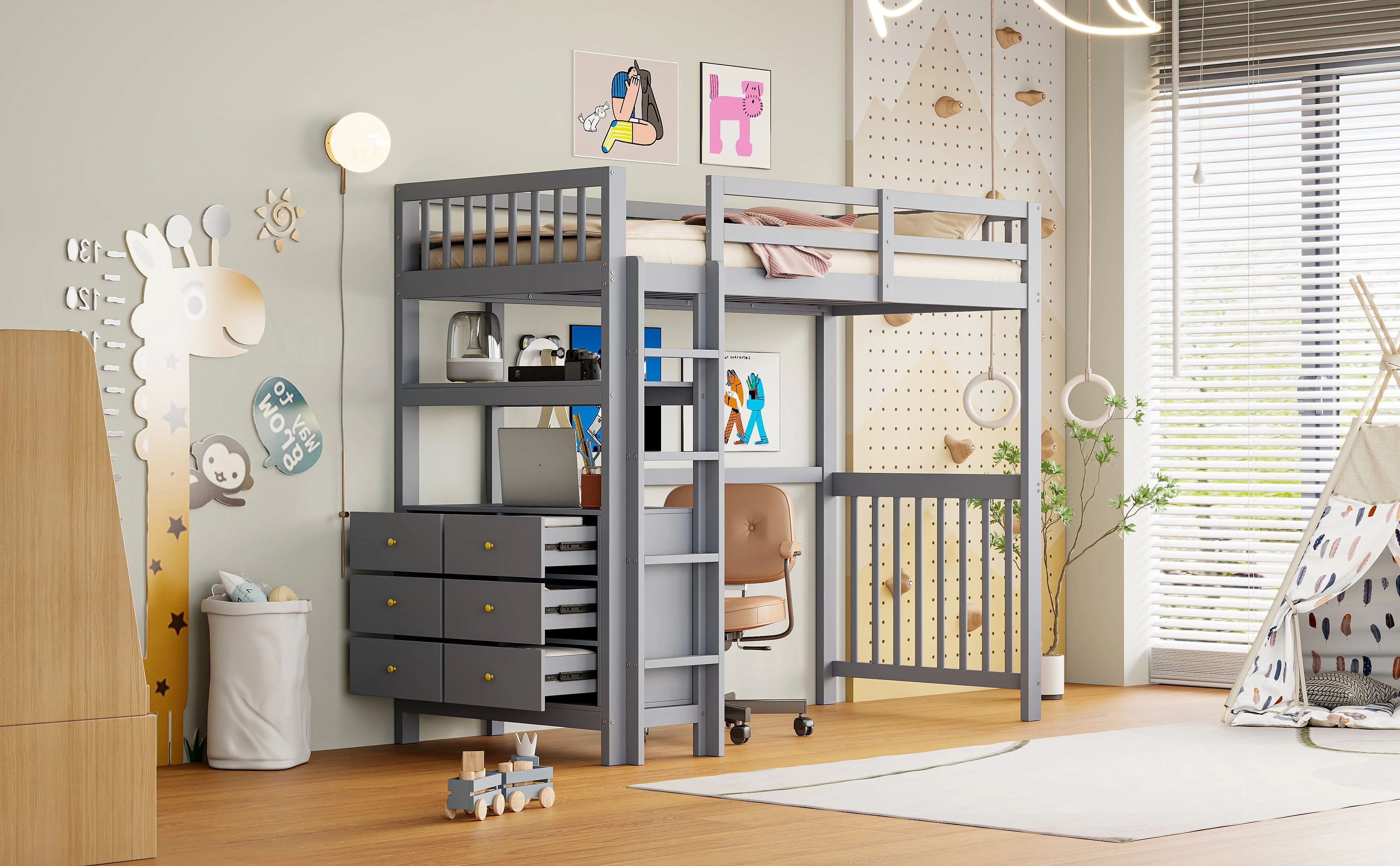 Loft Bed, 90x200cm with Ladder, Drawers, Shelves, Slatted Frame, Pinewood, Grey - Image 9