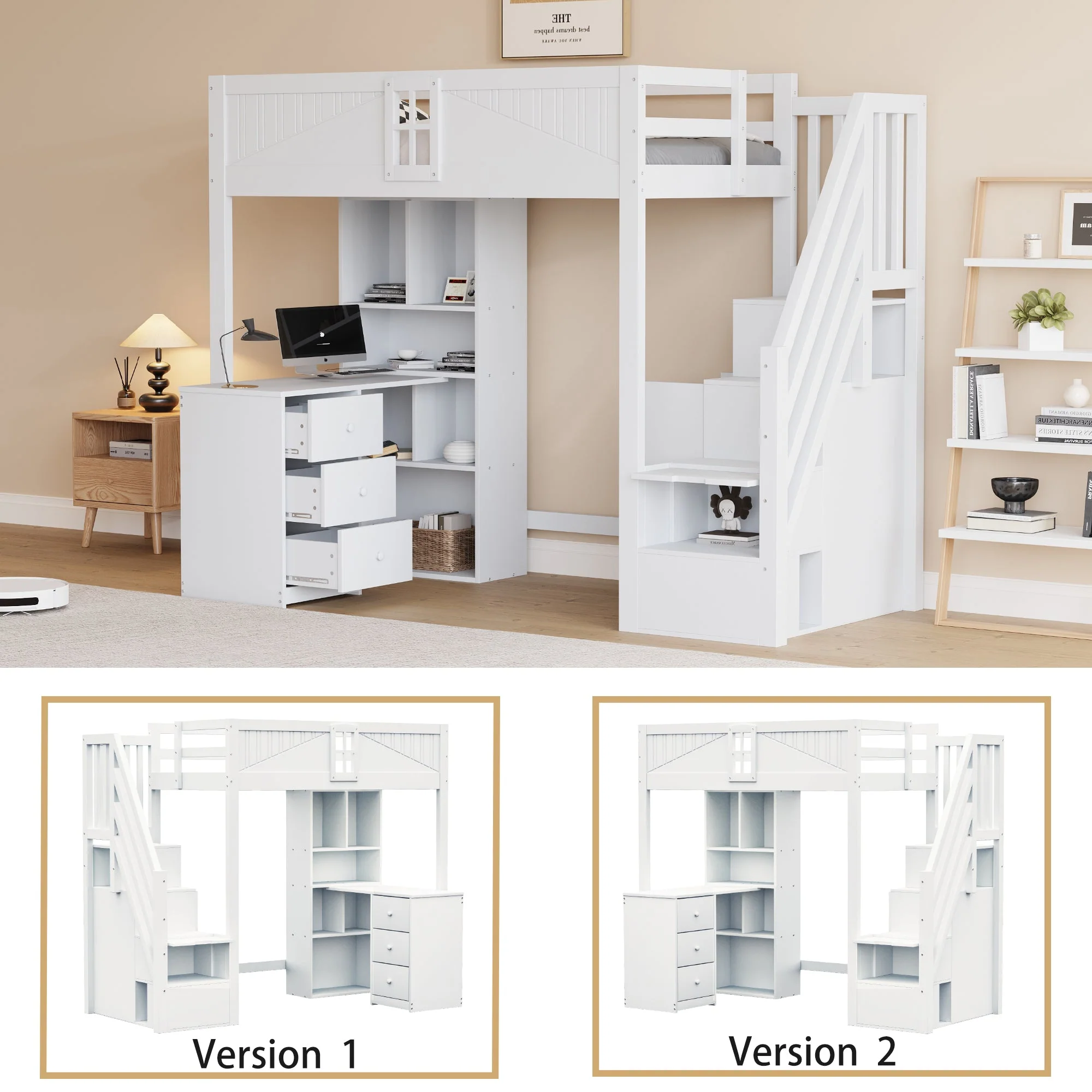 Loft Bed, 90x200cm with Storage, Desk, Drawers, White Solid Wood - Image 5