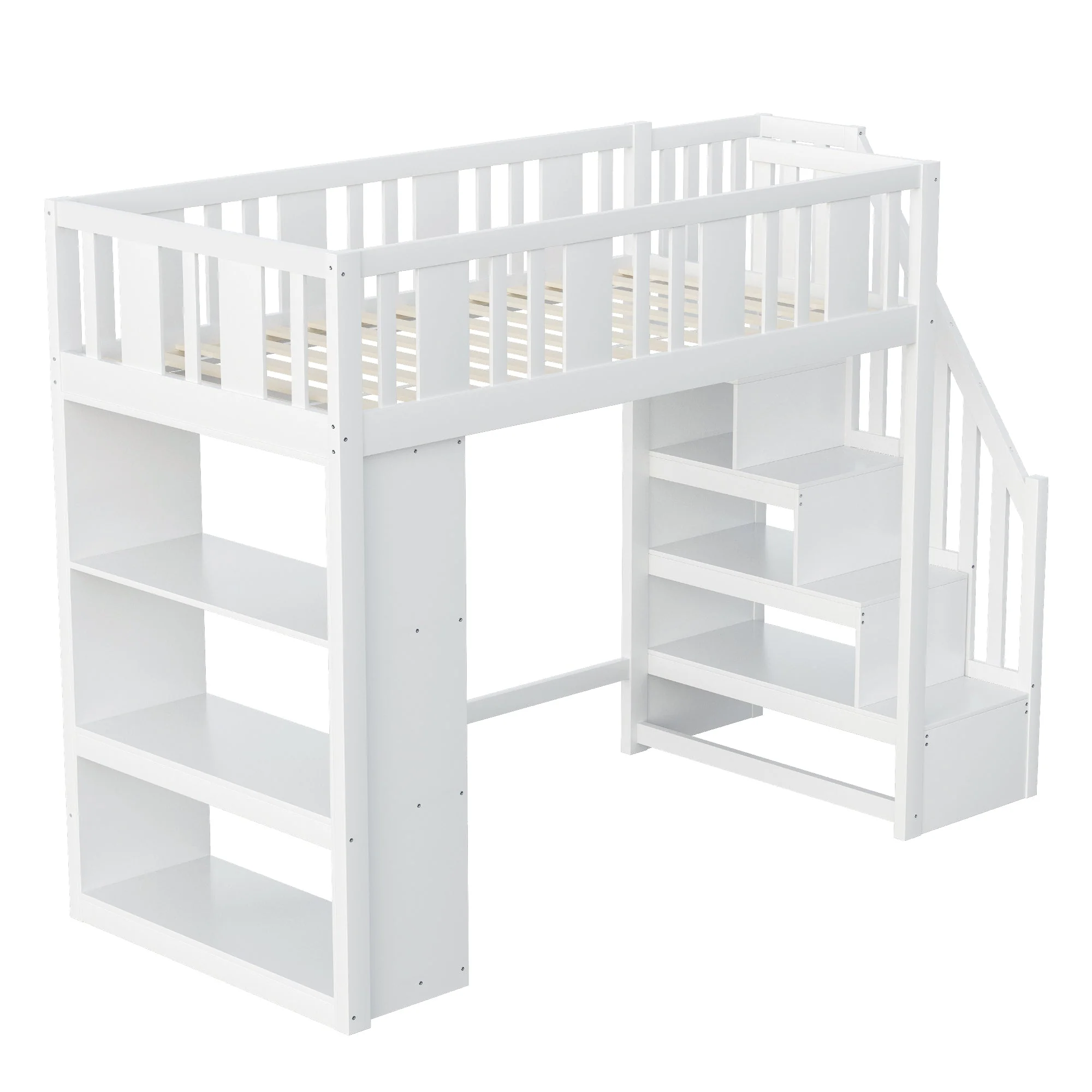 Loft Bed, 90x200cm with Storage Stairs, Functional Wooden Bed, White - Image 10
