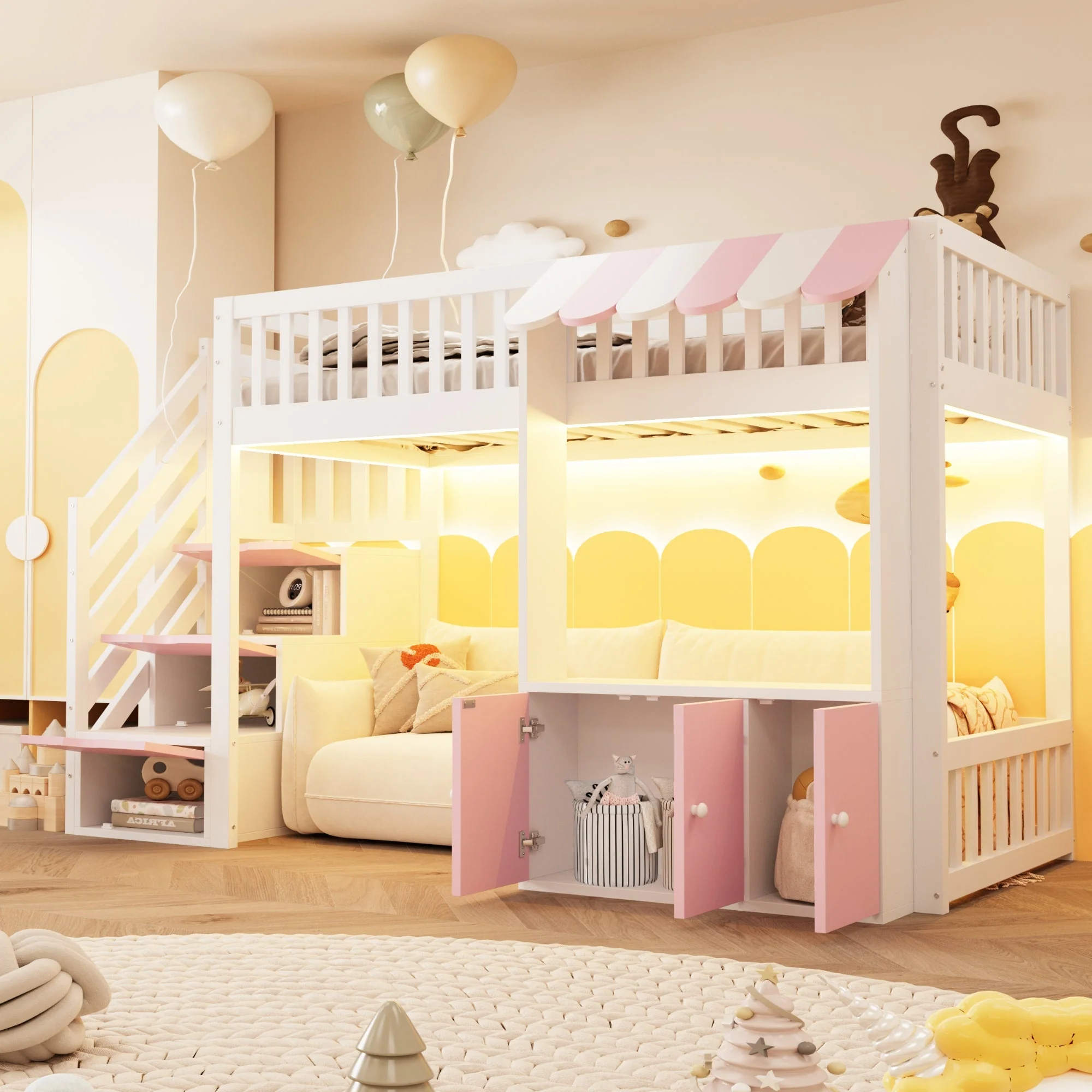 Loft Bed 90x200cm with Storage Stairs Wardrobe LED Light Wooden Pink